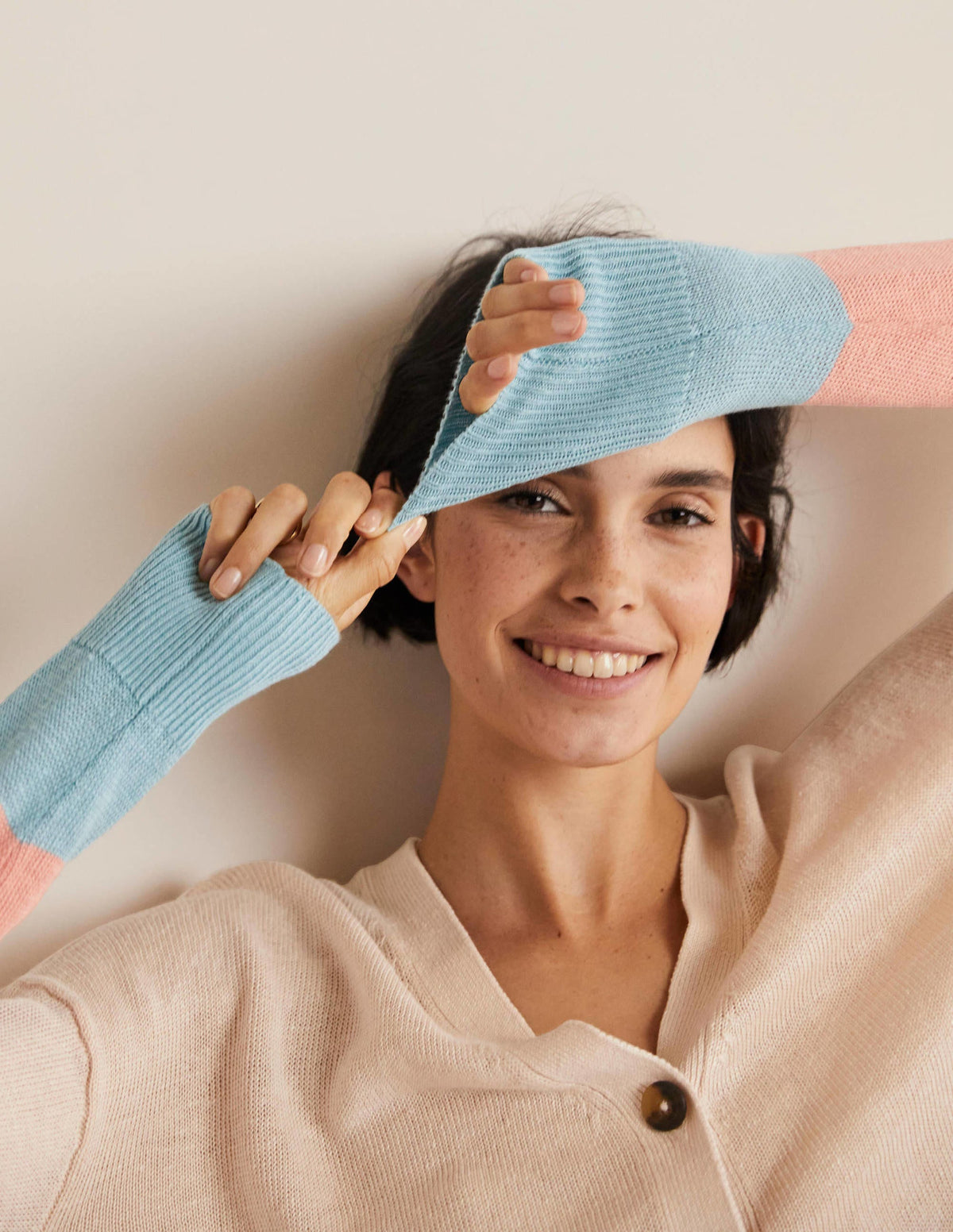 Leinen-Cardigan mit Blockfarben-Helles Korallenrot/Bonbonrosa-2