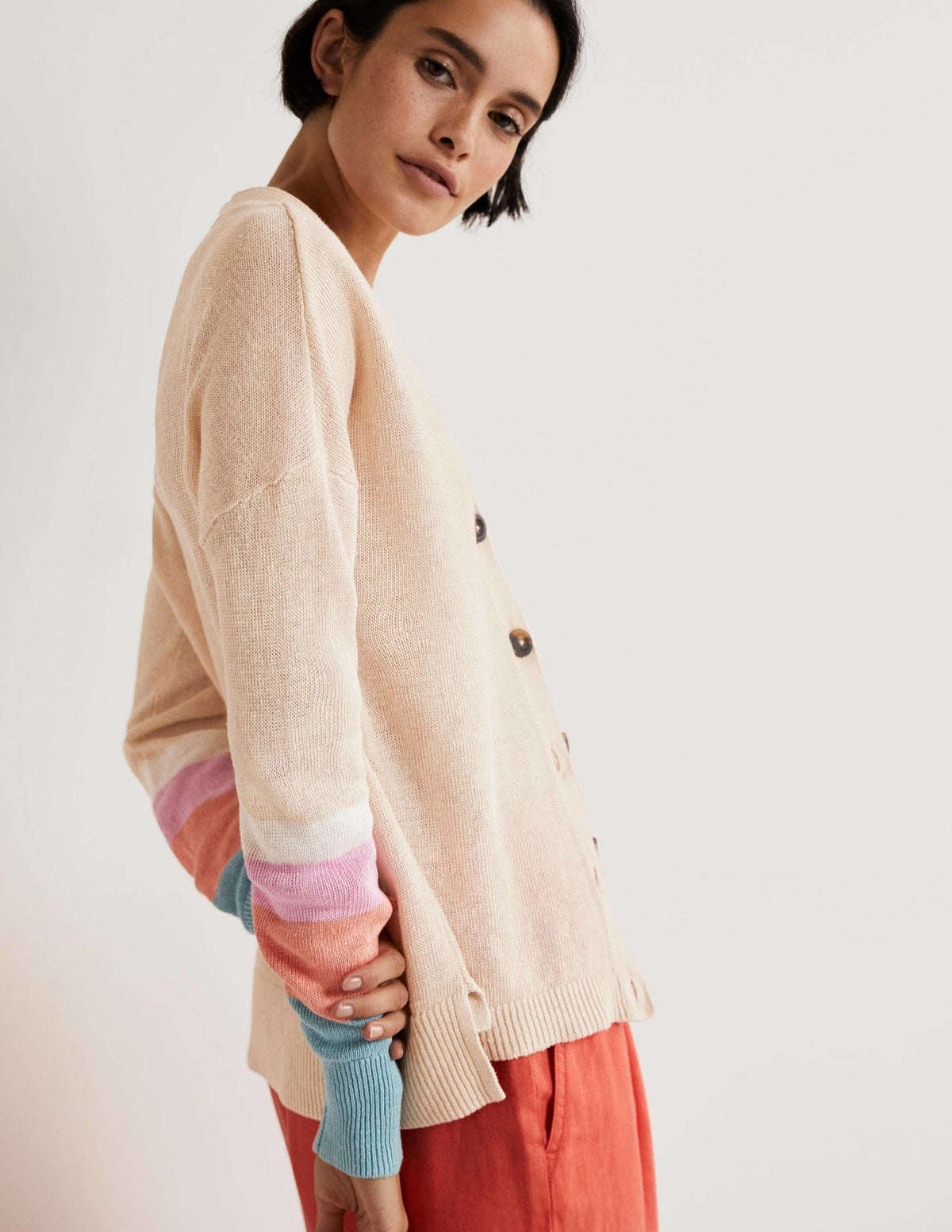Leinen-Cardigan mit Blockfarben-Helles Korallenrot/Bonbonrosa-4