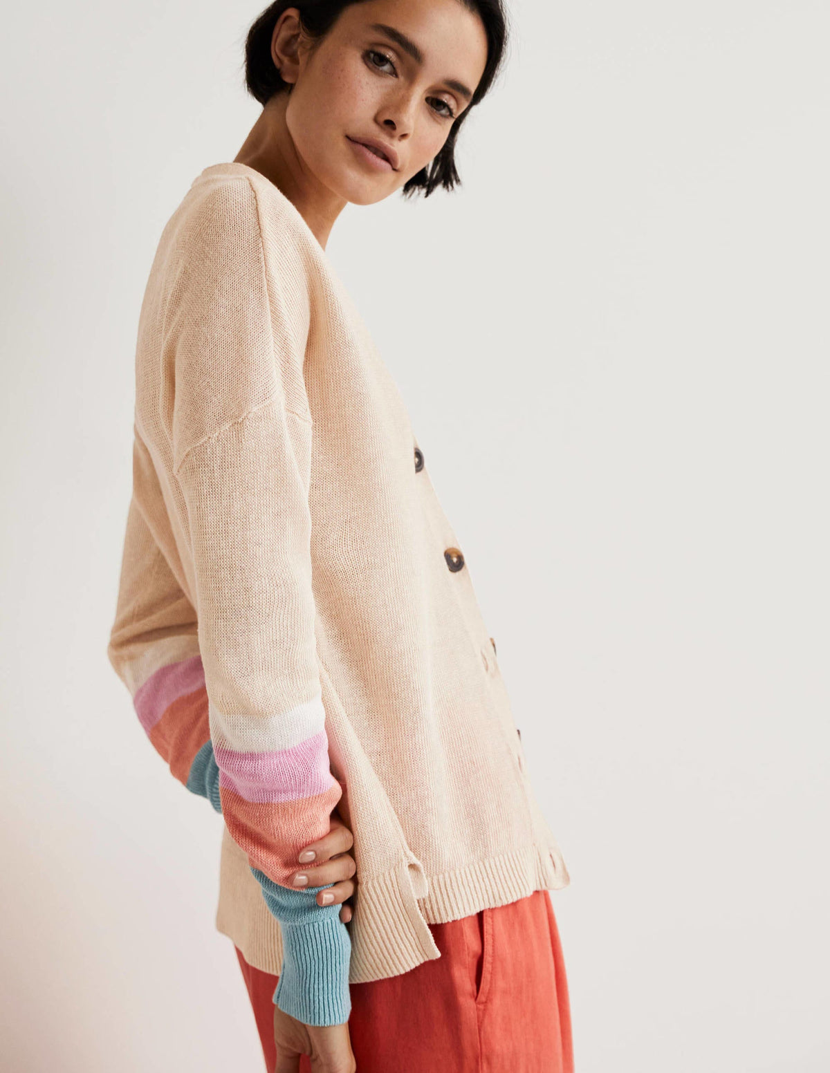 Leinen-Cardigan mit Blockfarben-Helles Korallenrot/Bonbonrosa-5