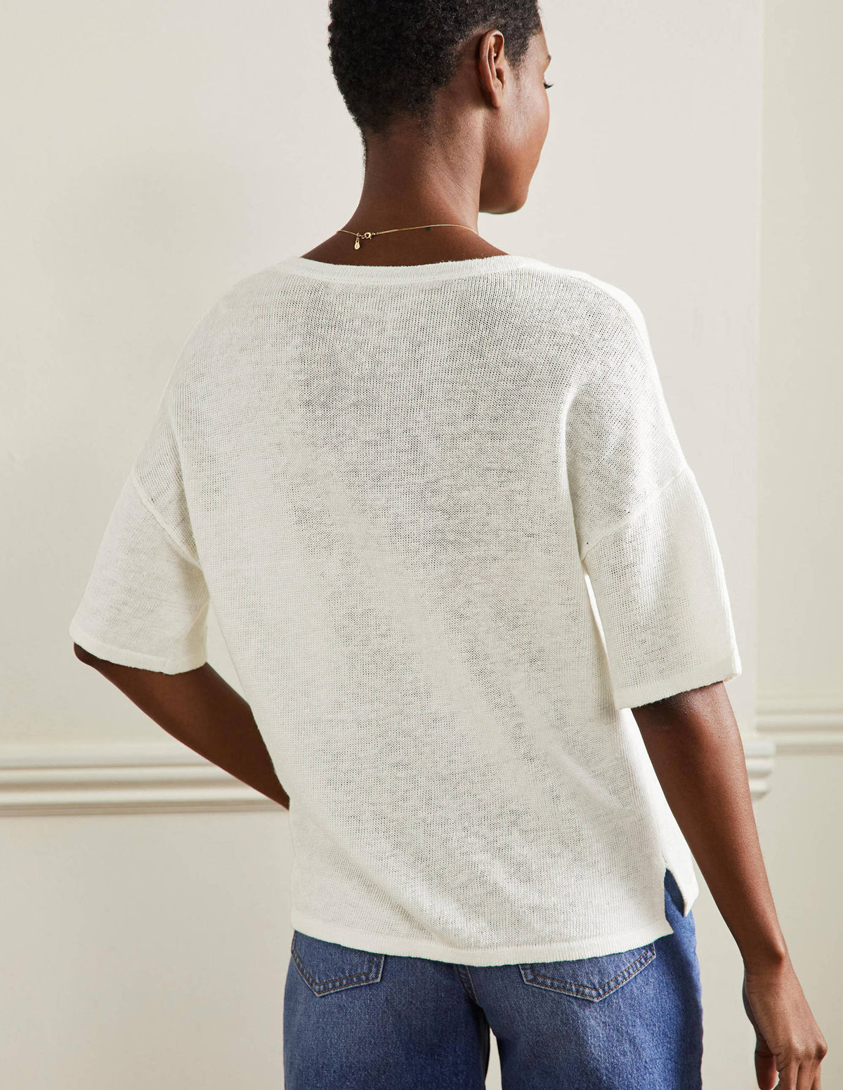 Leinen-T-Shirt mit V-Ausschnitt-Naturweiß - Image 3