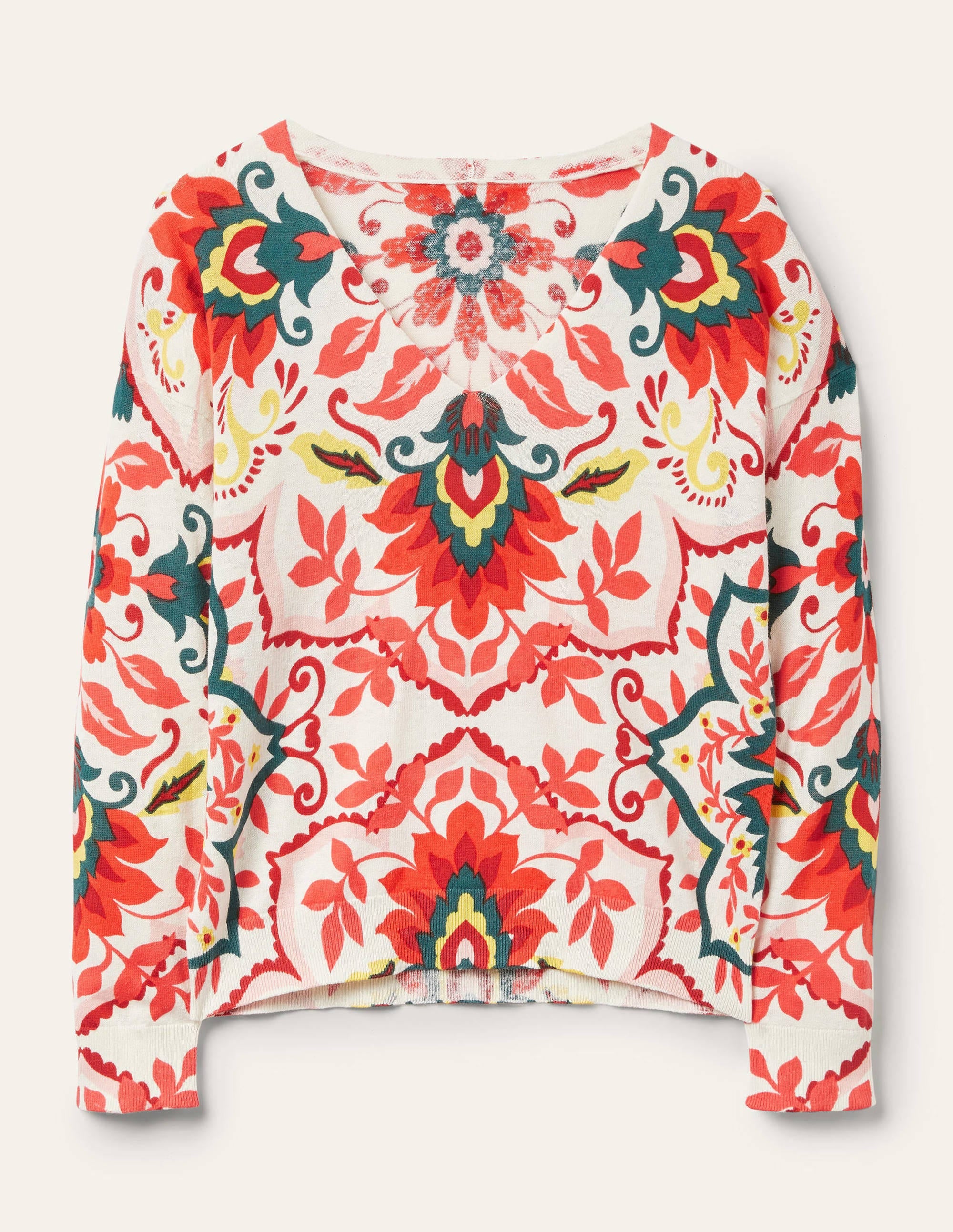 Lockerer gemusterter Pullover mit V-Ausschnitt-Bunt, Marokkanische Blüten - Image 6