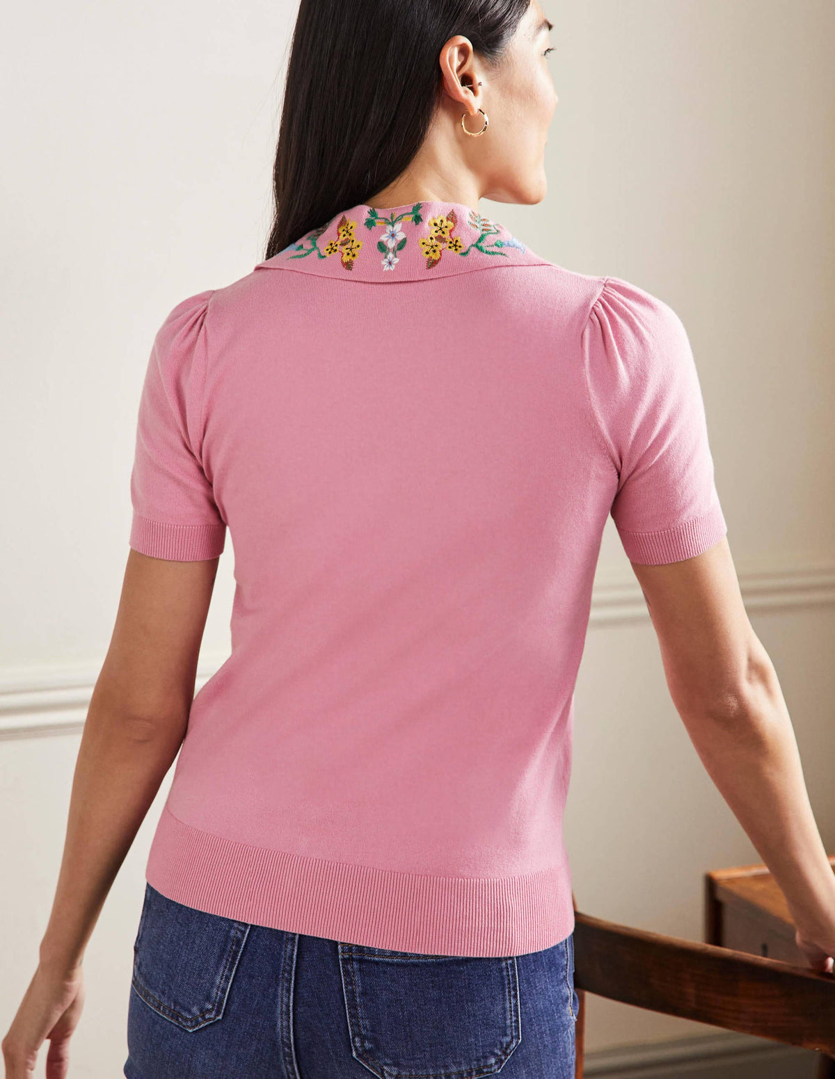 Embroidered Collar Cardigan-Posy Pink - Image 3