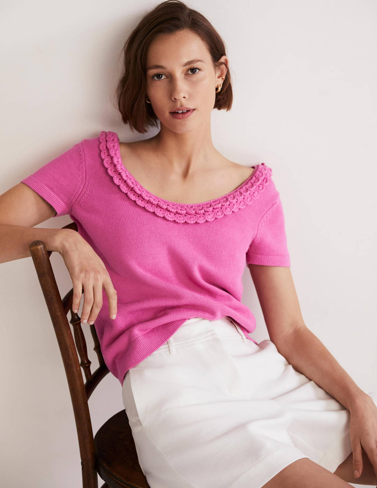 Strick-T-Shirt mit gehäkelter Muschelborte-Erdbeer-Daiquiri-Rosa-1