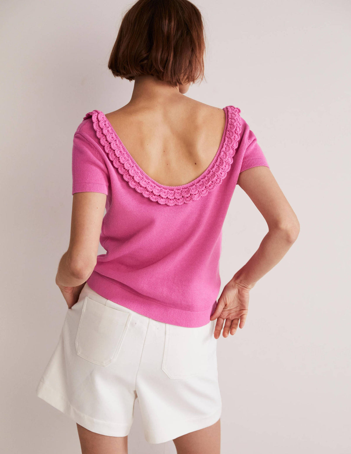 Strick-T-Shirt mit gehäkelter Muschelborte-Erdbeer-Daiquiri-Rosa-3