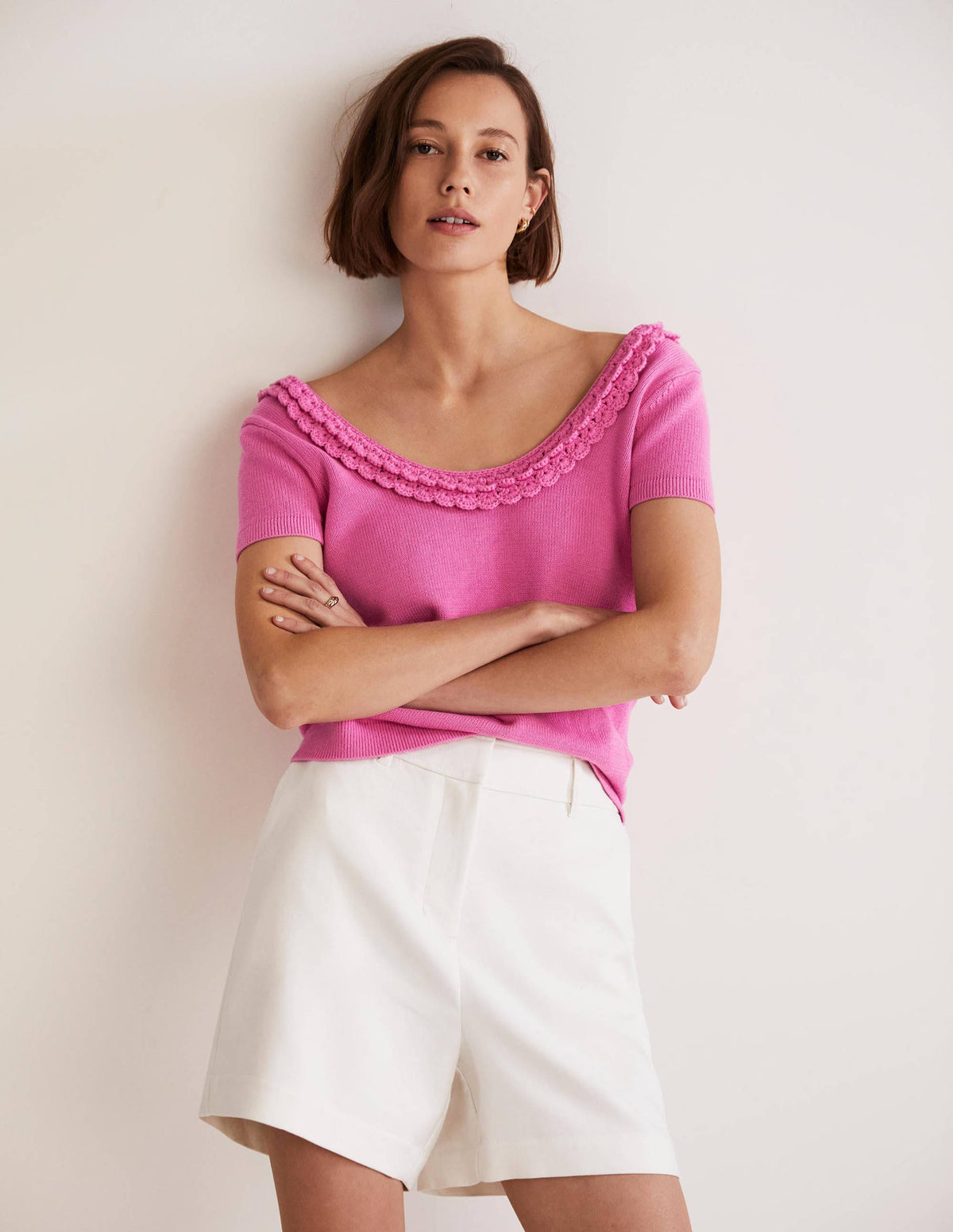 Strick-T-Shirt mit gehäkelter Muschelborte-Erdbeer-Daiquiri-Rosa-4