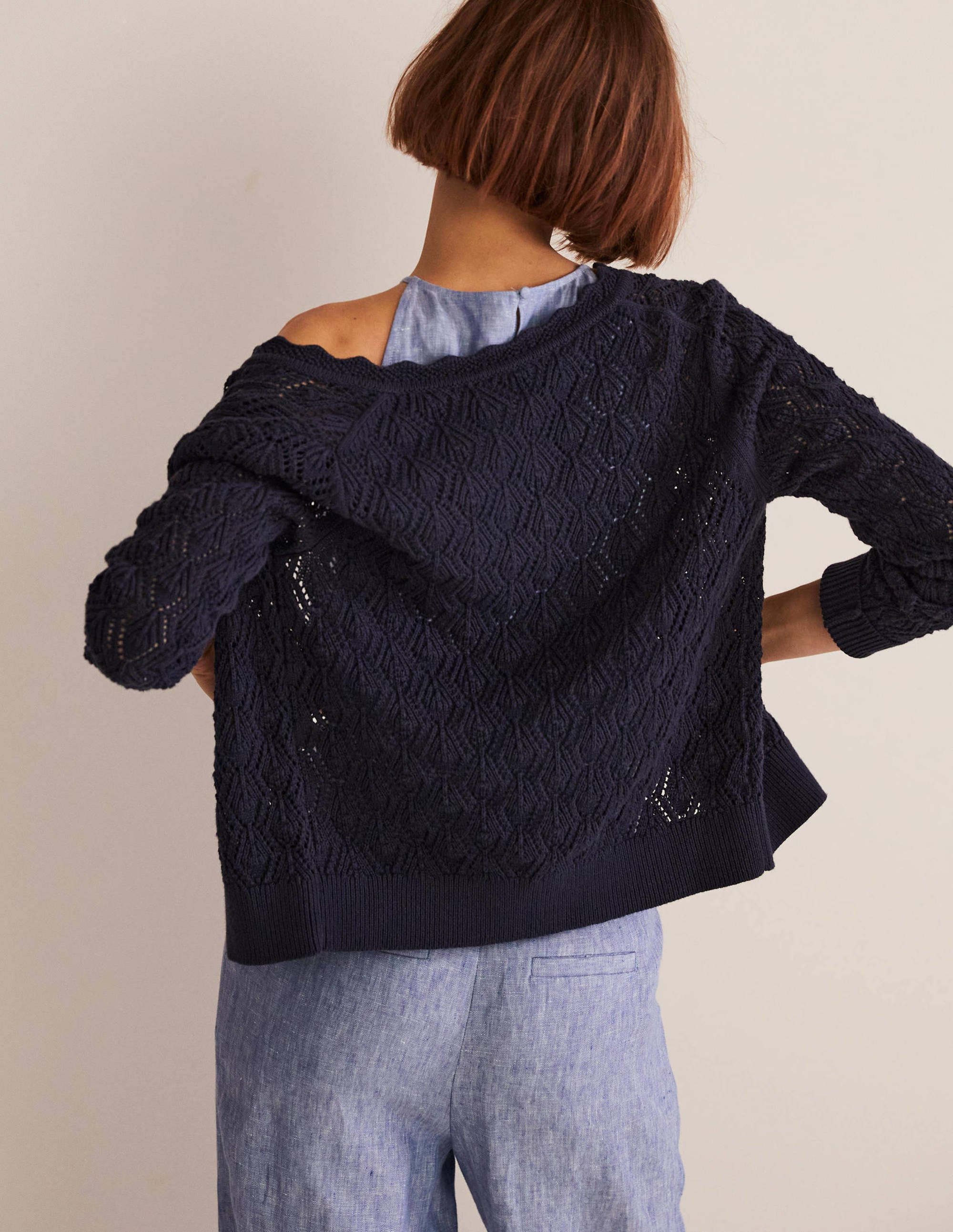 Cardigan mit Häkeldetails und Muschelsaum-Marineblau - Image 5