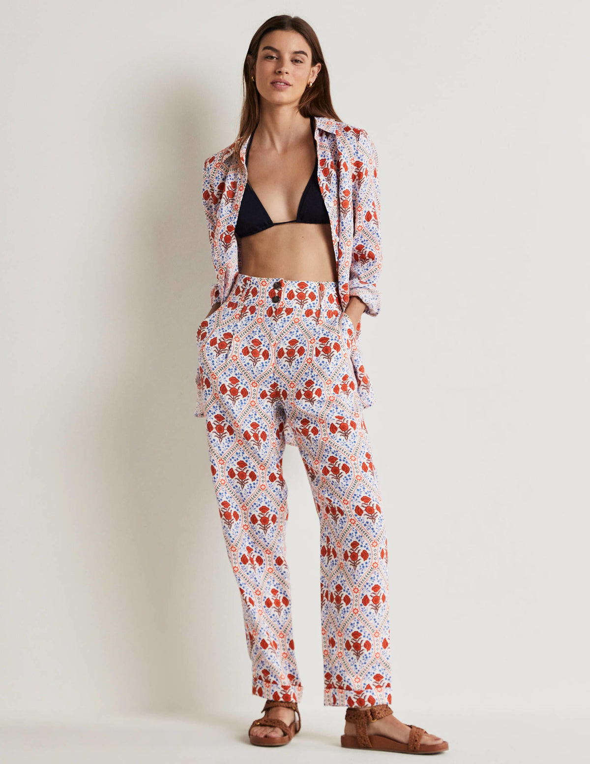 Leinenhose mit umgeschlagenen Bündchen-Naturweiß, Mohnblumen - Image 1
