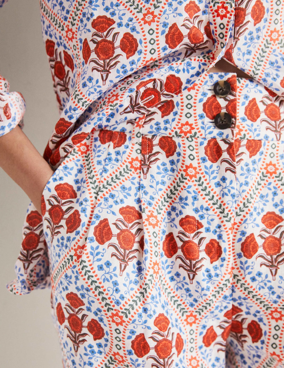 Leinenhose mit umgeschlagenen Bündchen-Naturweiß, Mohnblumen - Image 2