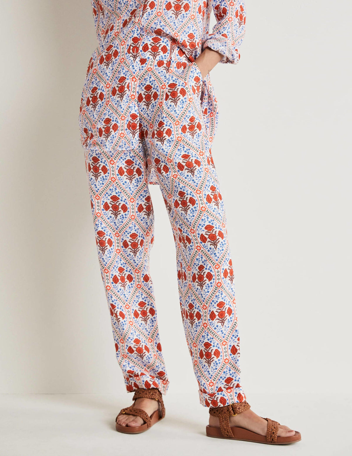 Leinenhose mit umgeschlagenen Bündchen-Naturweiß, Mohnblumen - Image 4
