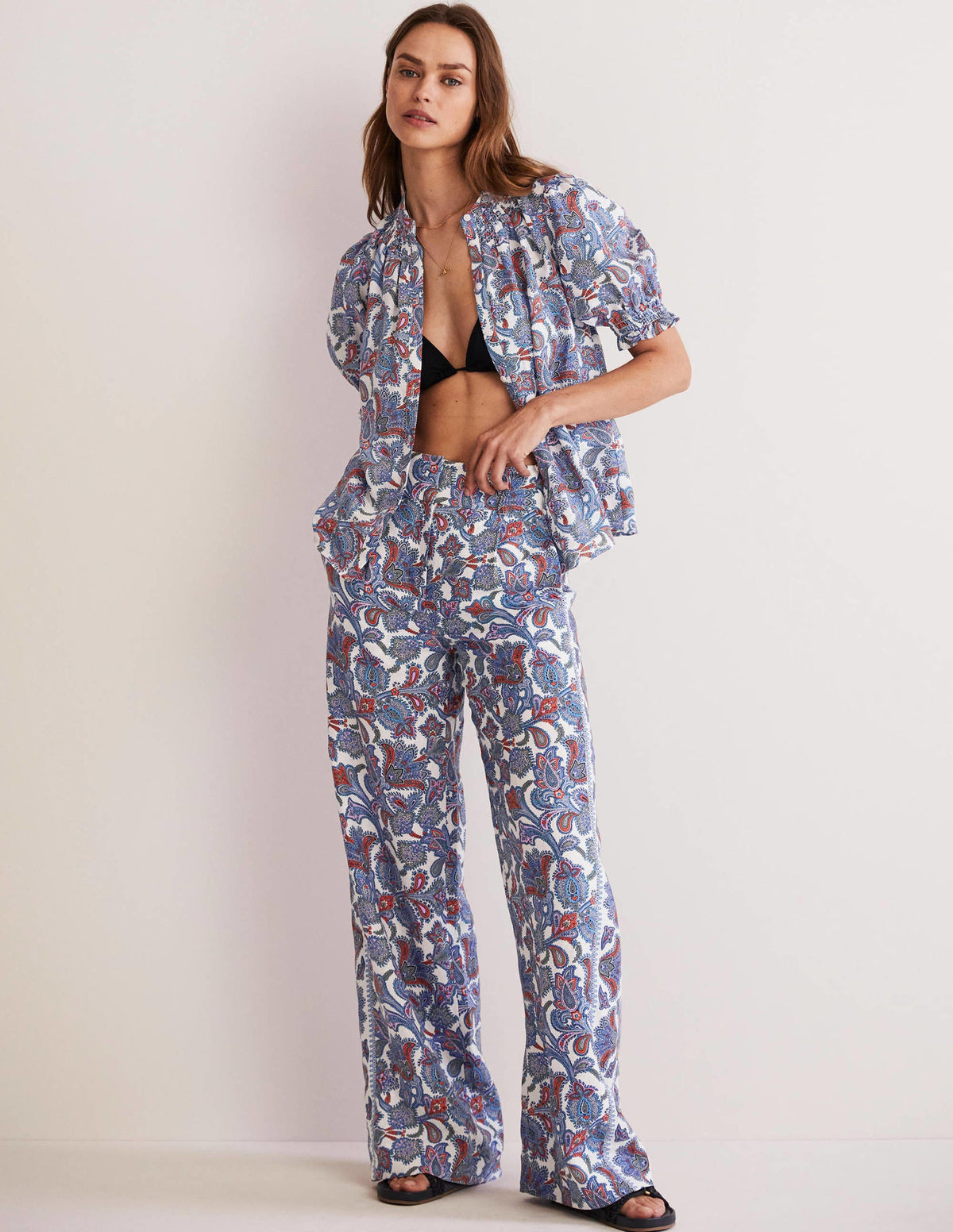 Leinenhose mit weitem Bein-Bunt, Paisley-Knospen - Image 1