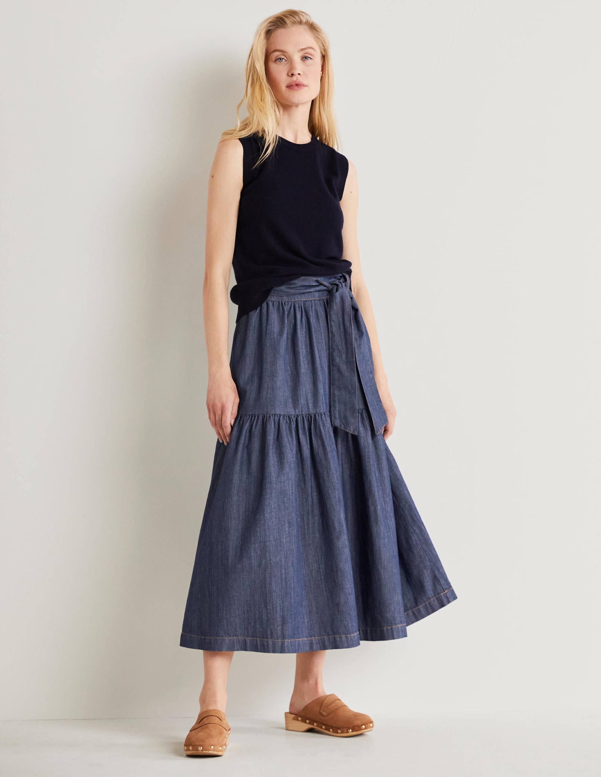 Gestufter Midirock mit Gürtel-Mittleres Vintageblau, Denim - Image 1