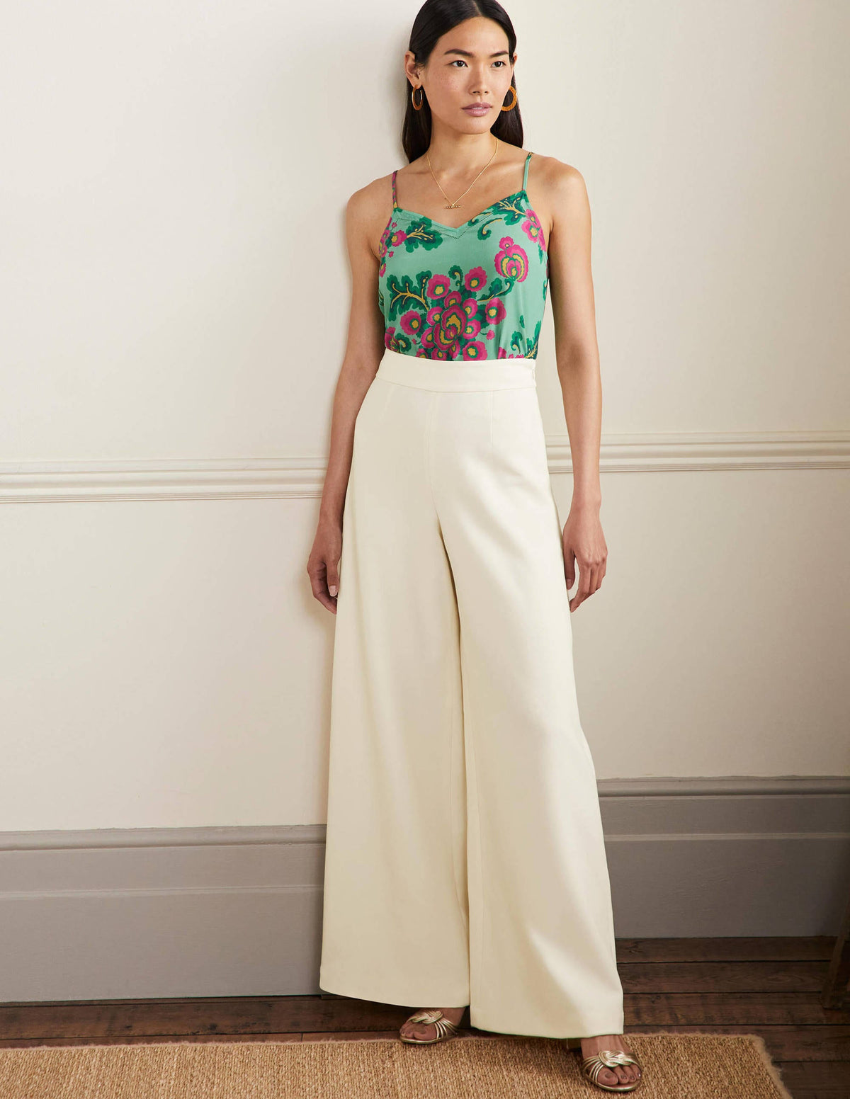 High Waisted Palazzo Trousers-Ivory-1