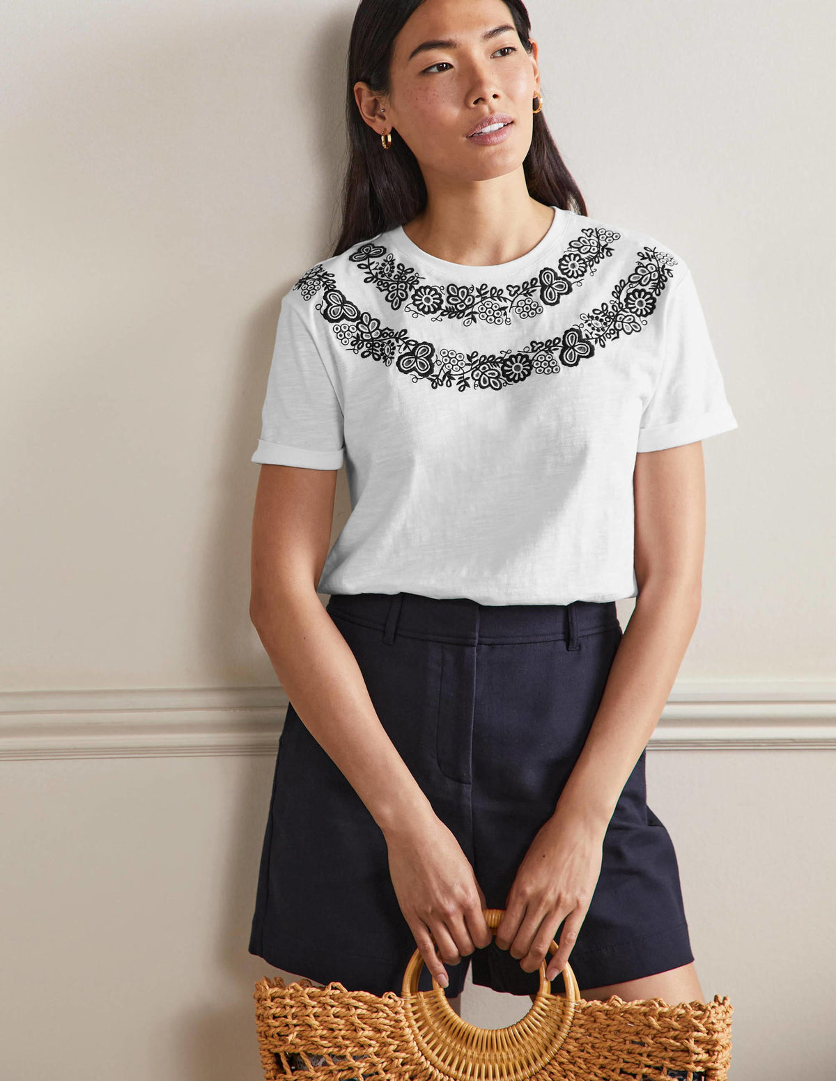 T-shirt avec revers aux manches-Blanc, brodé-5