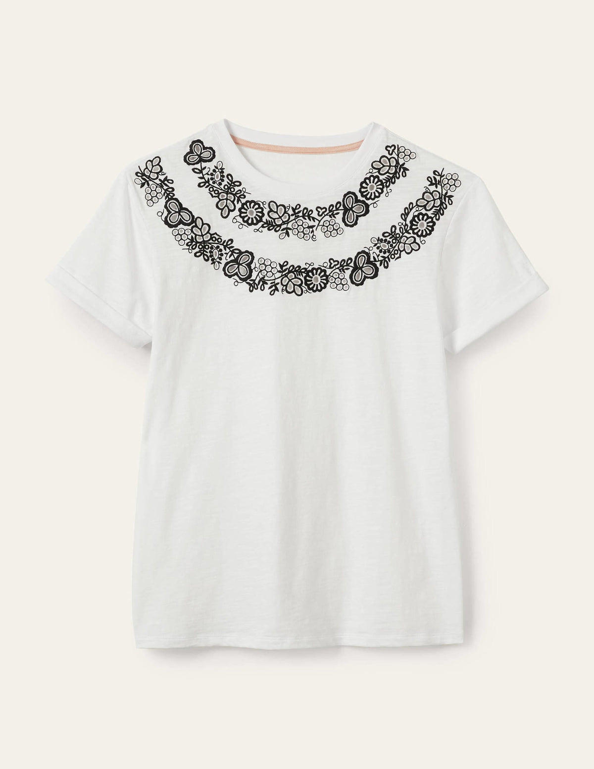 T-shirt avec revers aux manches-Blanc, brodé-6