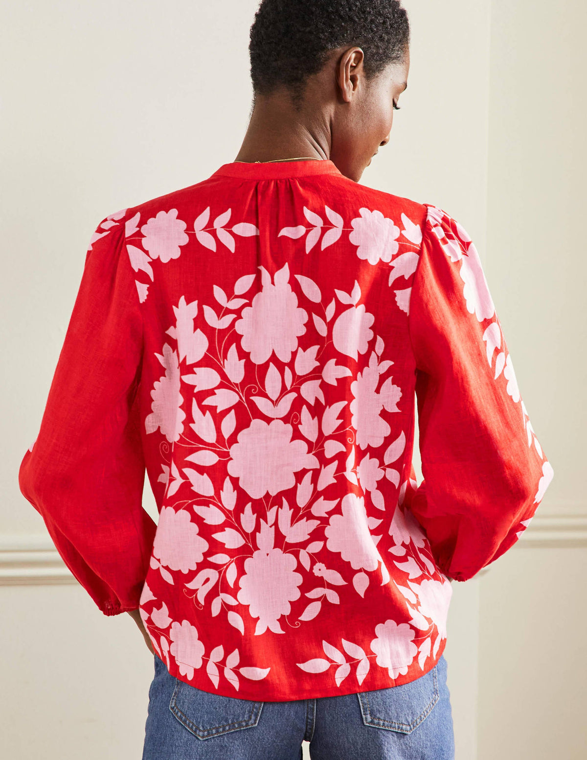 Blouse Becky manches longues en lin-Rouge dragon, motif Wildflower Prairie - Image 3