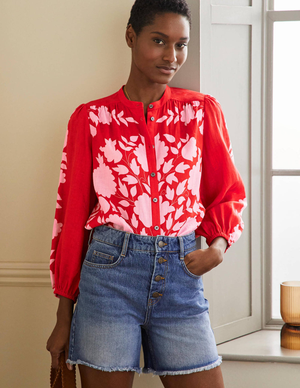 Blouse Becky manches longues en lin-Rouge dragon, motif Wildflower Prairie-4