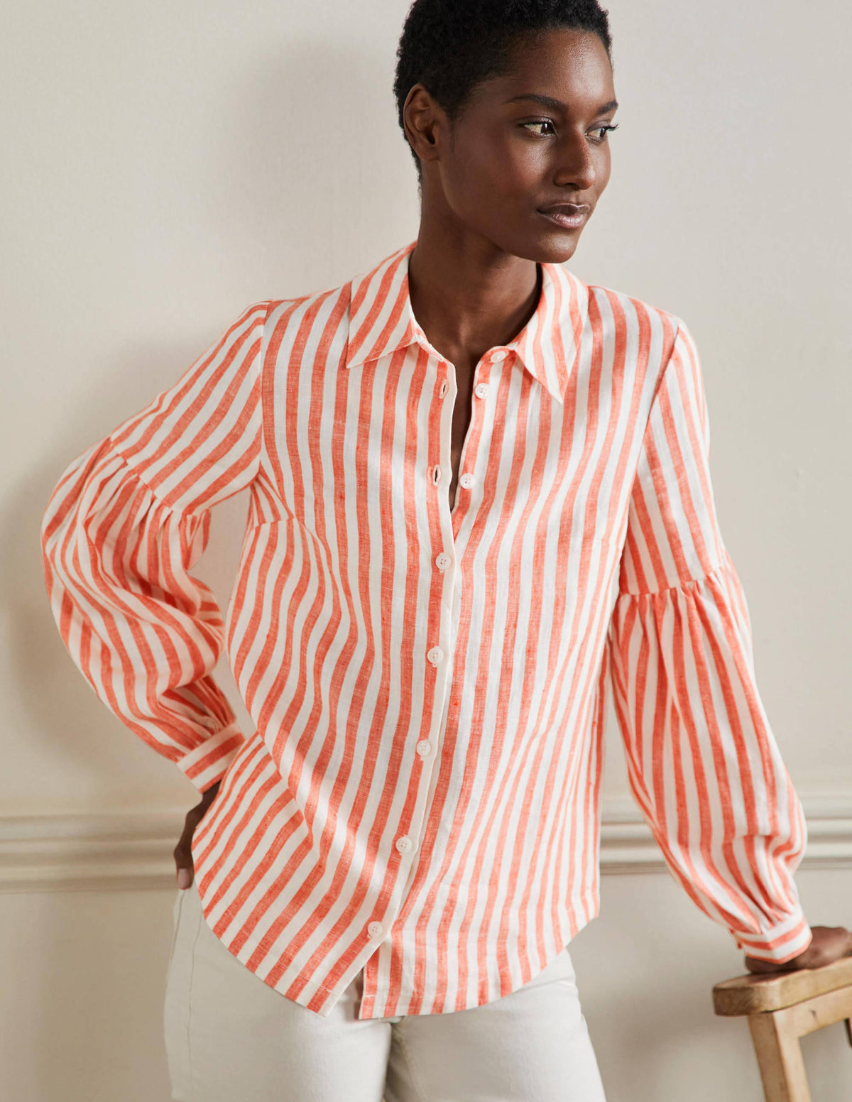 Anna Leinenhemd mit Blousonärmeln-Papayaorange/Naturweiß, Gestreift - Image 4