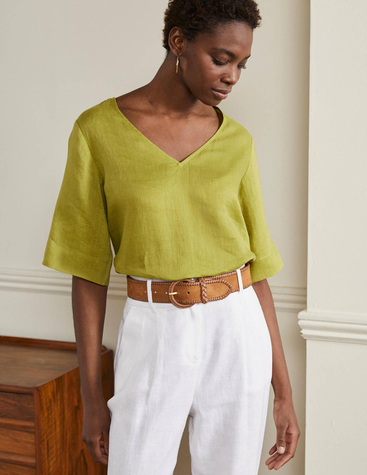 Linen Wide Sleeve Top-Starfruit Green - Image 4