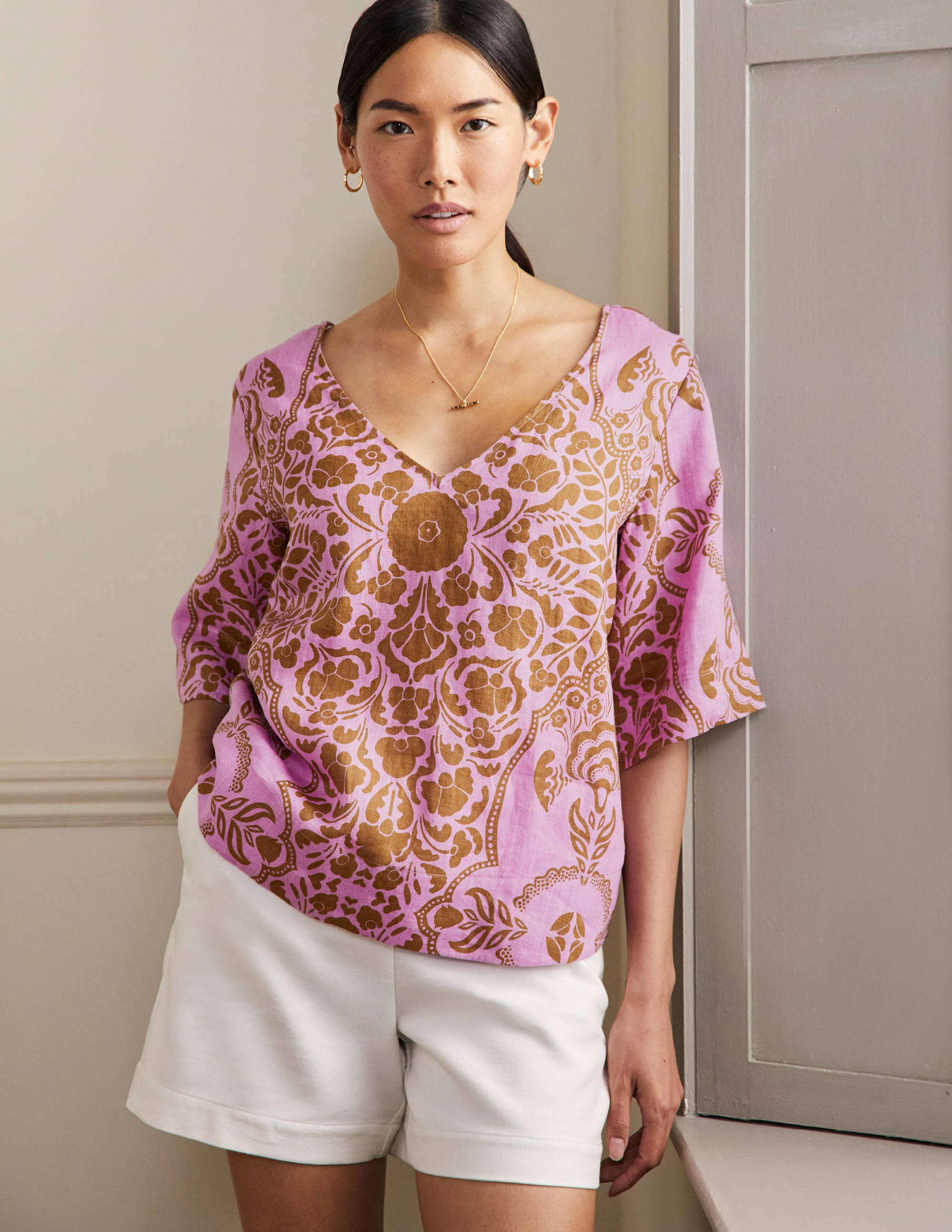 Leinenoberteil mit weiten Ärmeln-Violett, Blumenmuster - Image 5