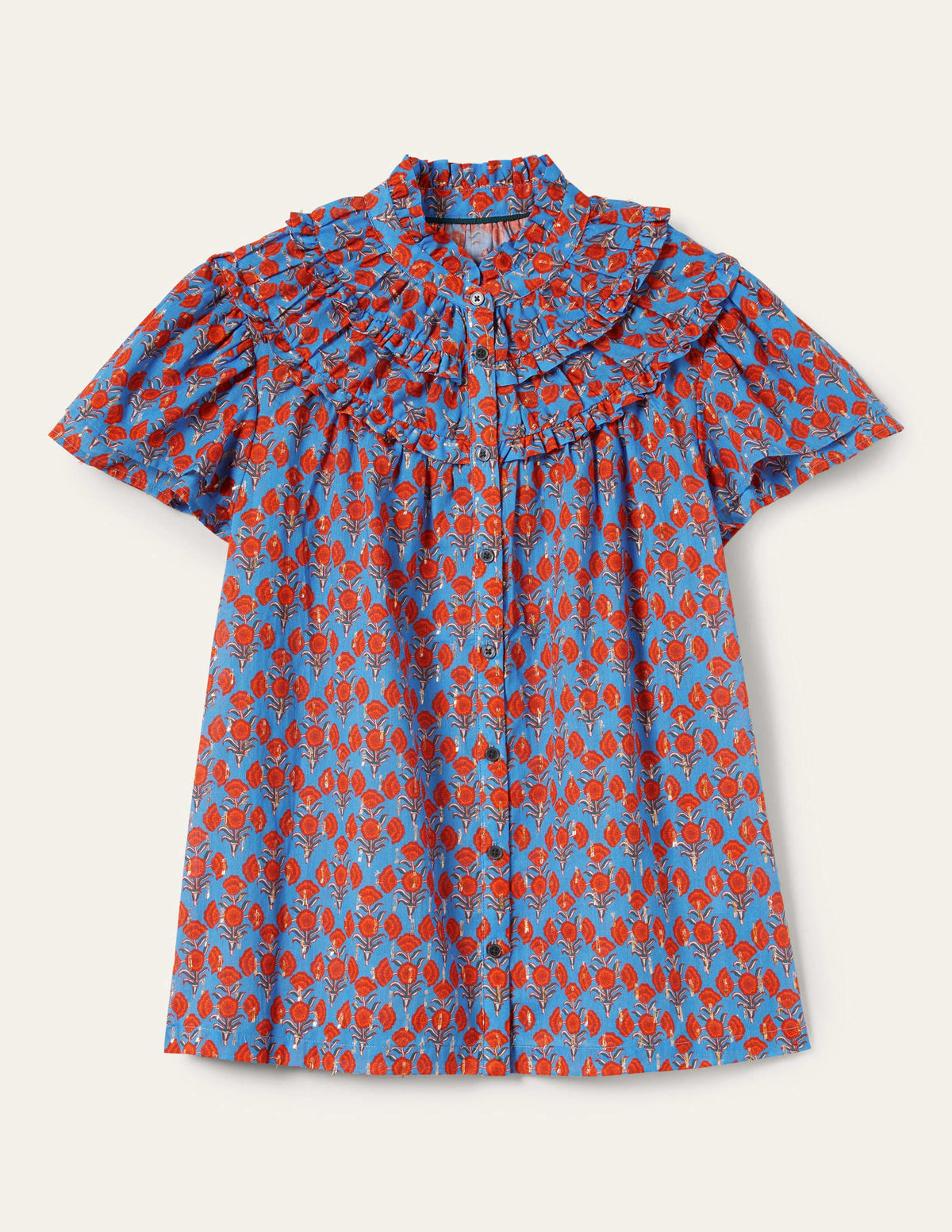 Blouse froncée à manches volantées-Bleu mosaïque, motif Poppy Geo - Image 5