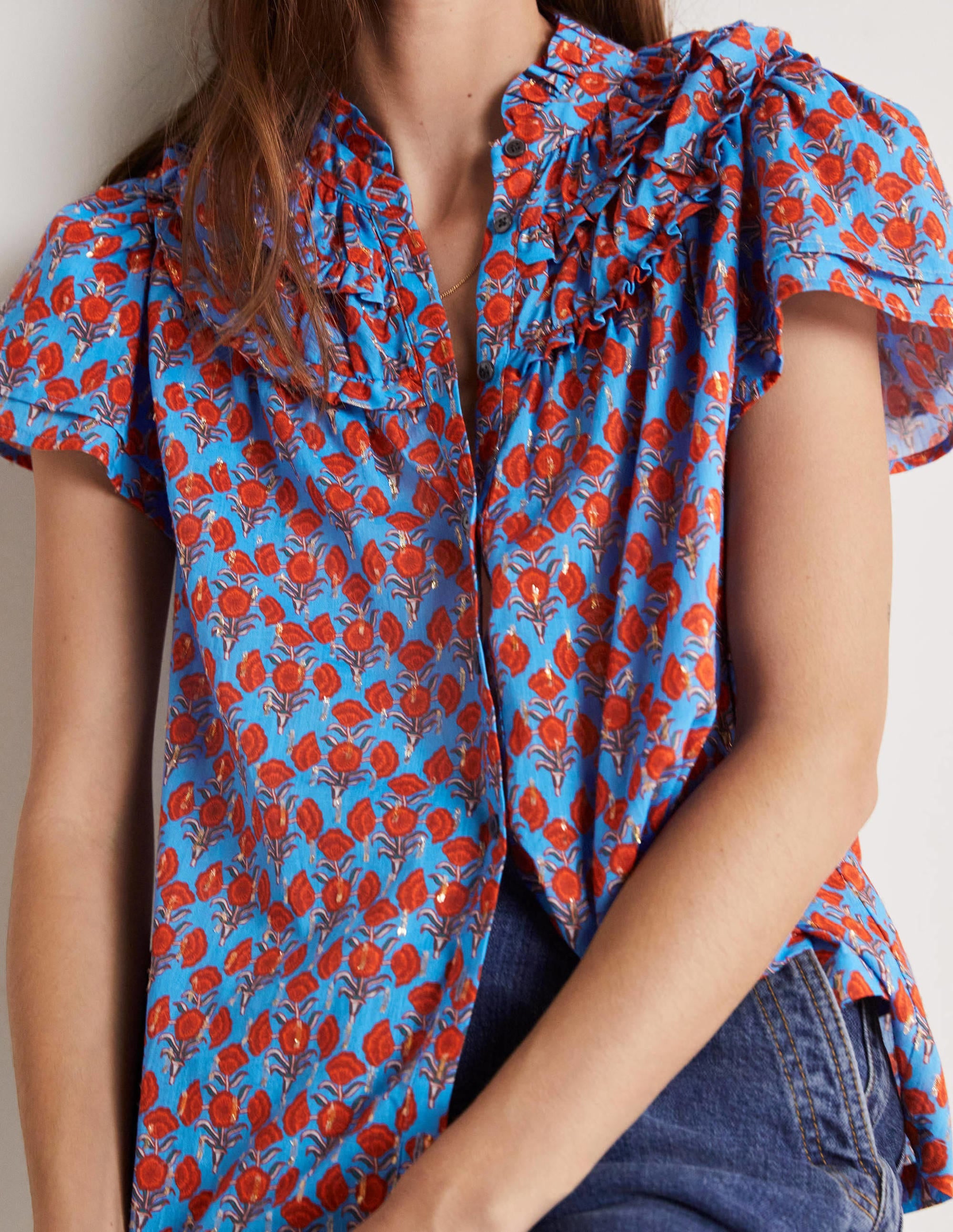 Blouse froncée à manches volantées-Bleu mosaïque, motif Poppy Geo - Image 4
