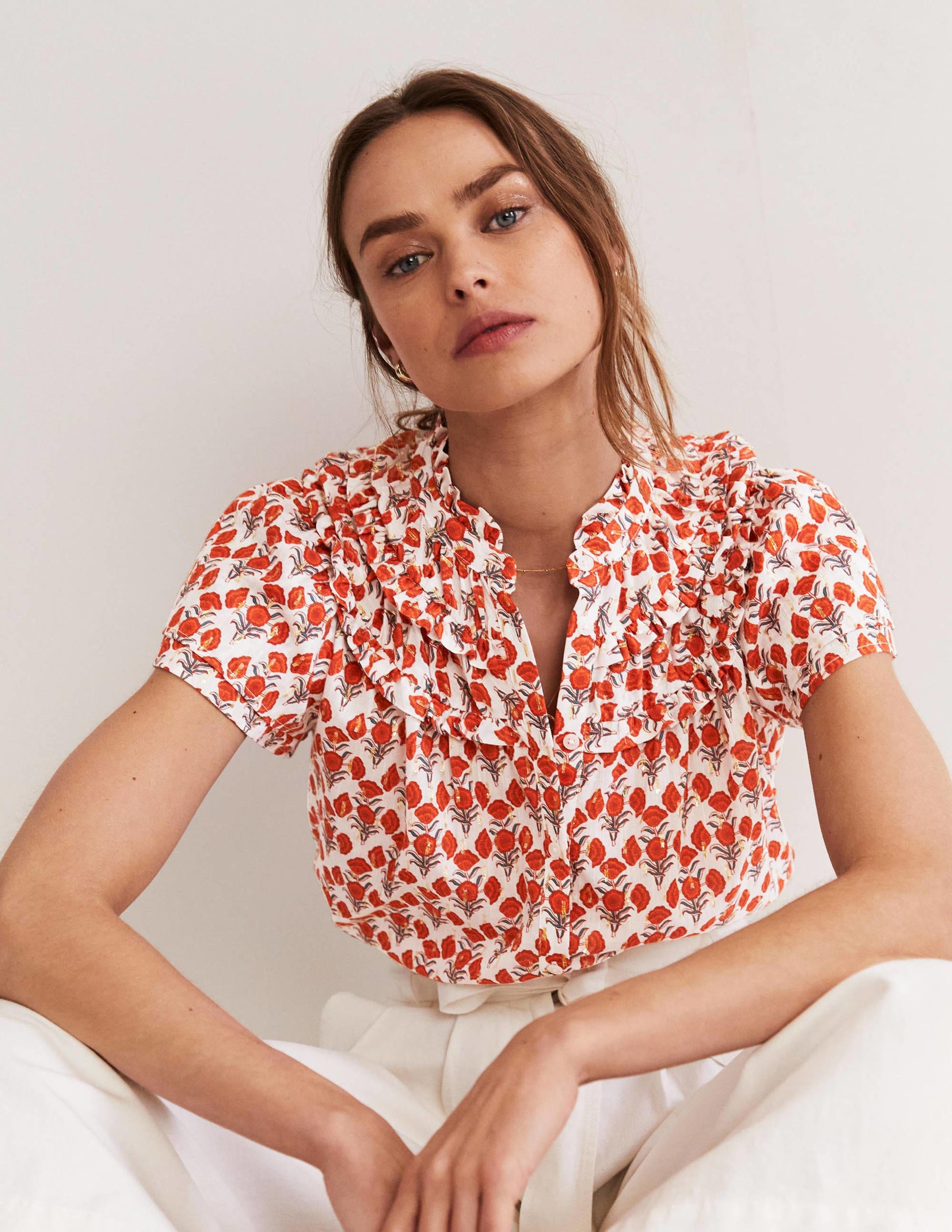 Metallic-Bluse mit Raffungen-Chili-Rot, Geometrisches Blumenmuster-3
