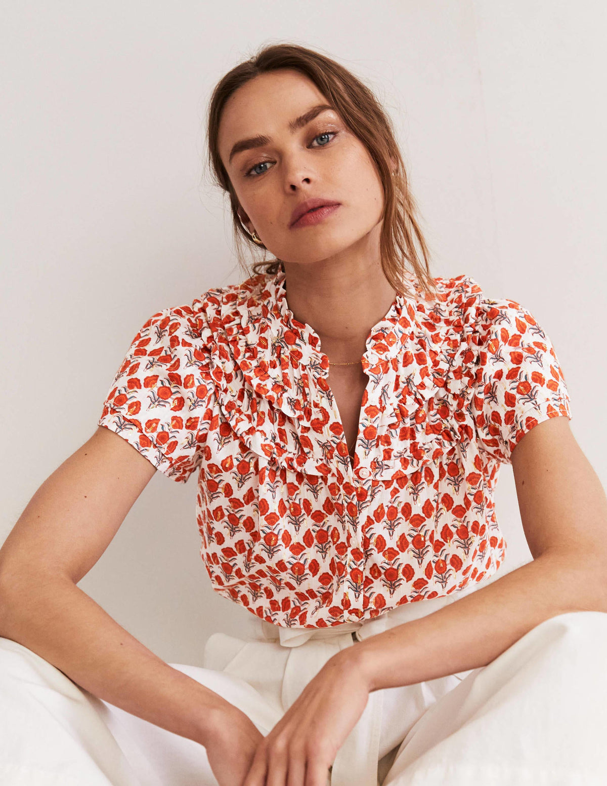 Metallic-Bluse mit Raffungen-Chili-Rot, Geometrisches Blumenmuster - Image 3