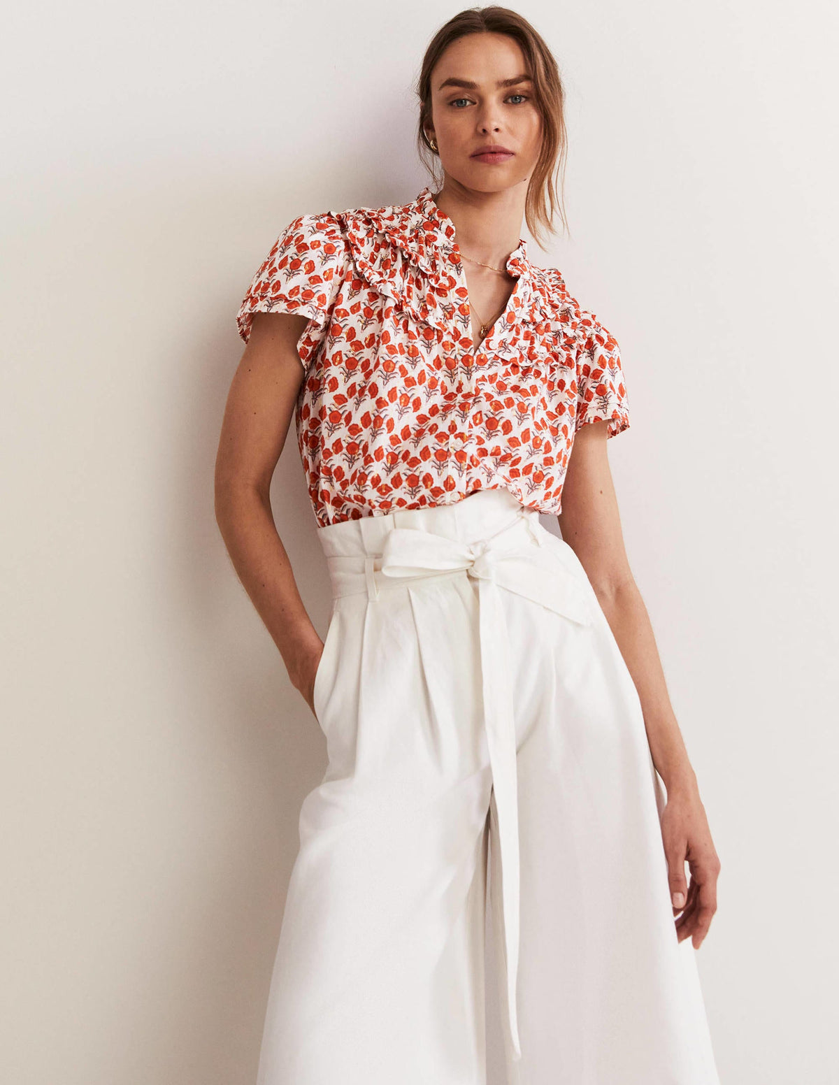 Metallic-Bluse mit Raffungen-Chili-Rot, Geometrisches Blumenmuster-4