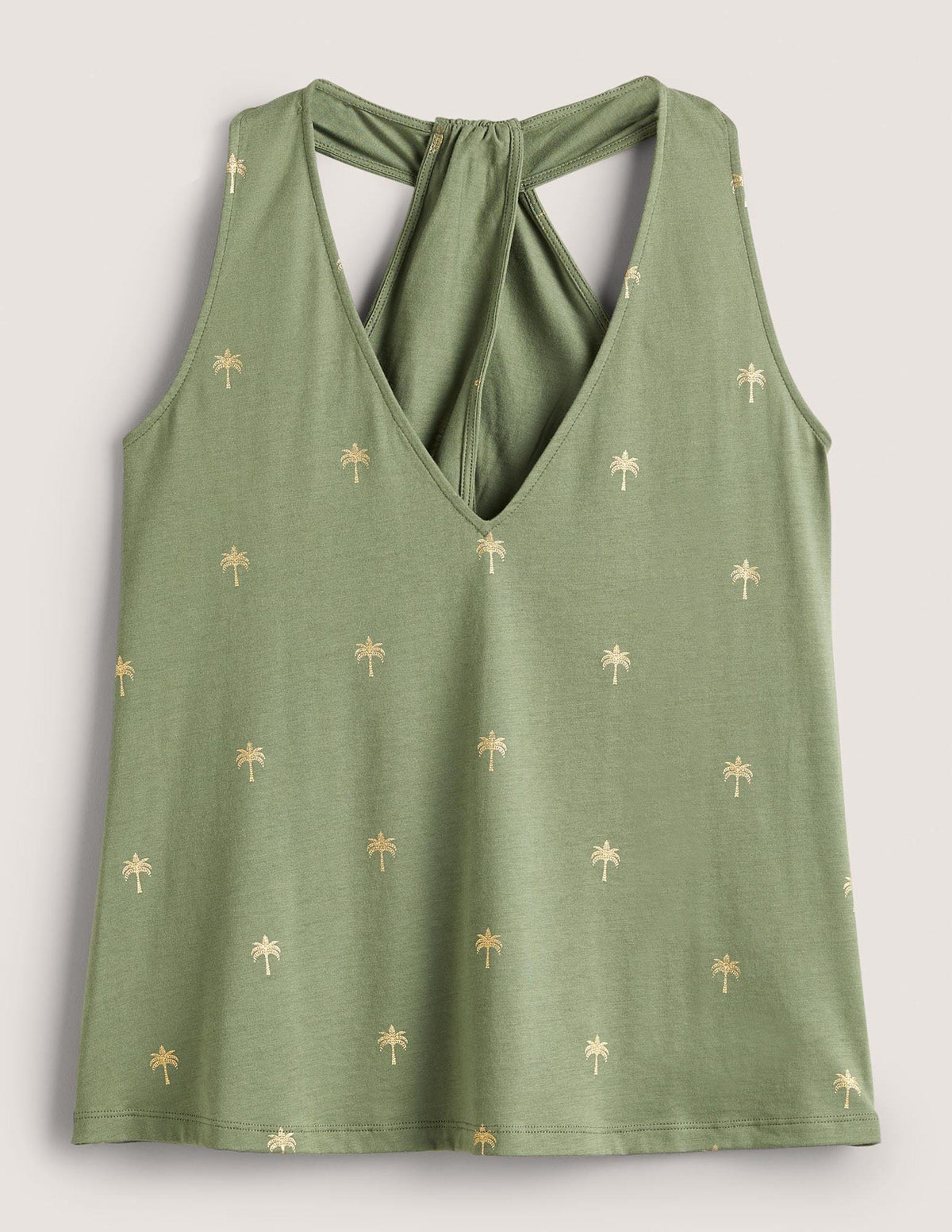 Jerseyoberteil mit V-Ausschnitt und Knotendetail hinten-Erlengrün/Gold, Paradiespalmen-6