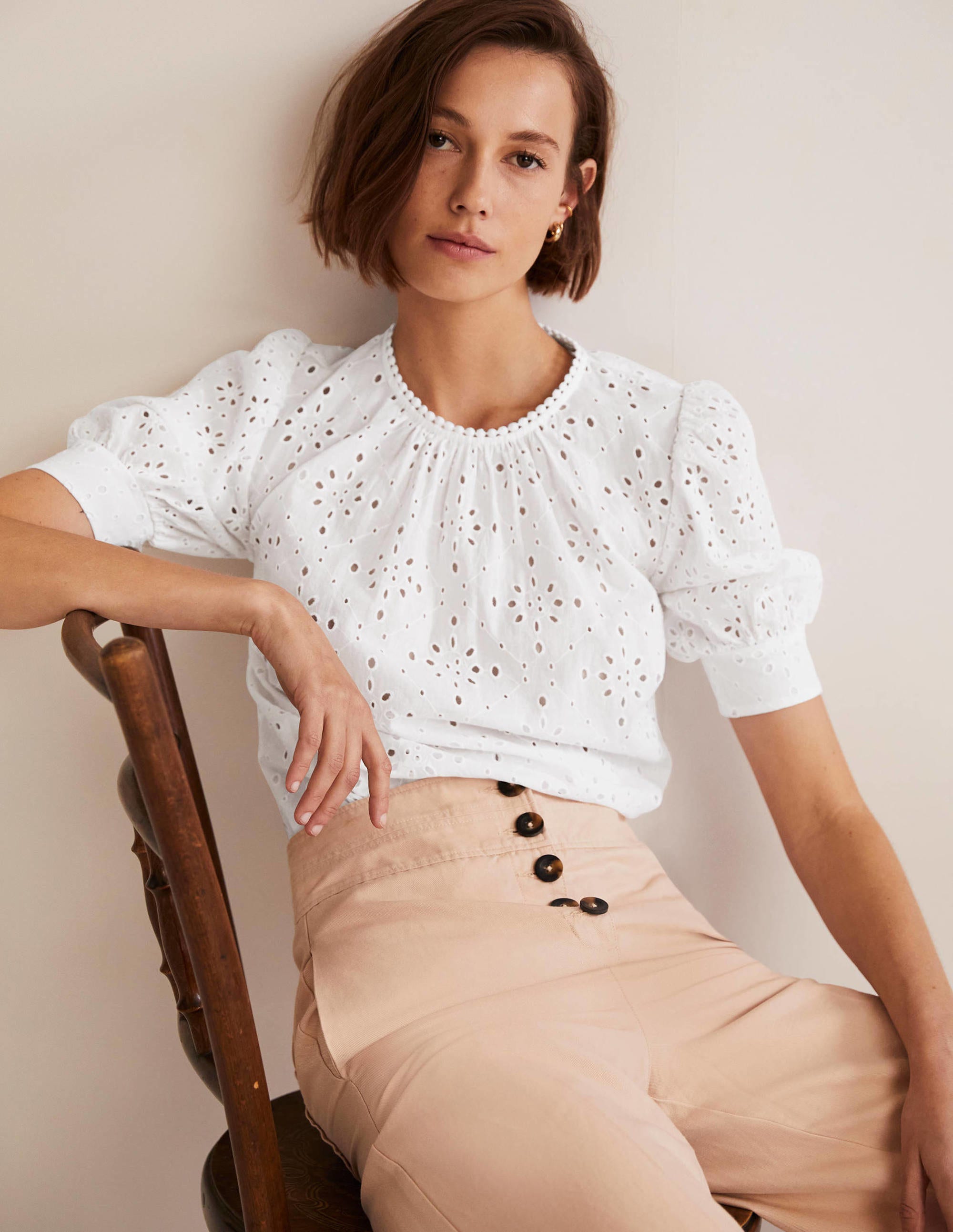 Top en broderie anglaise avec découpes-Blanc - Image 1