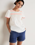 May Flutter Sleeve Smocked Top-White, Multi Smocking