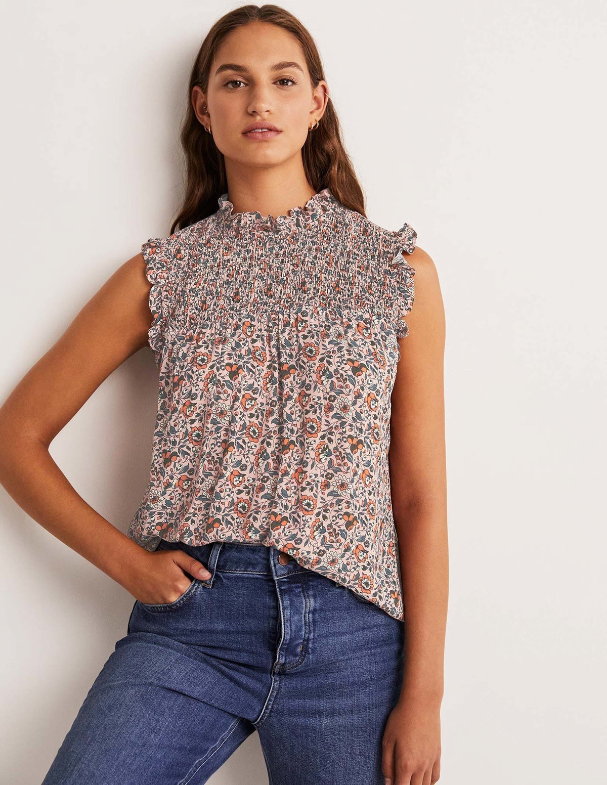 Sleeveless Smocked Top-Milkshake, Botanic Meadow-1