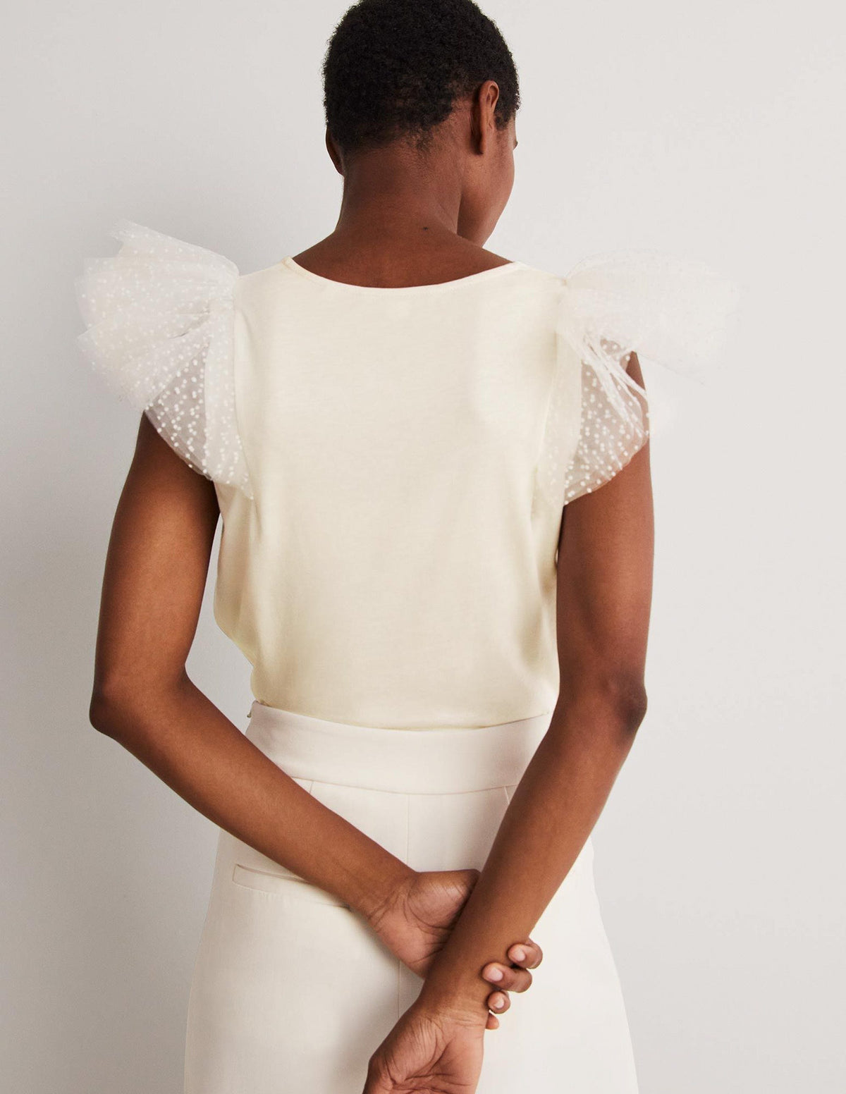 Tulle Shoulder Jersey Top-Ivory - Image 2