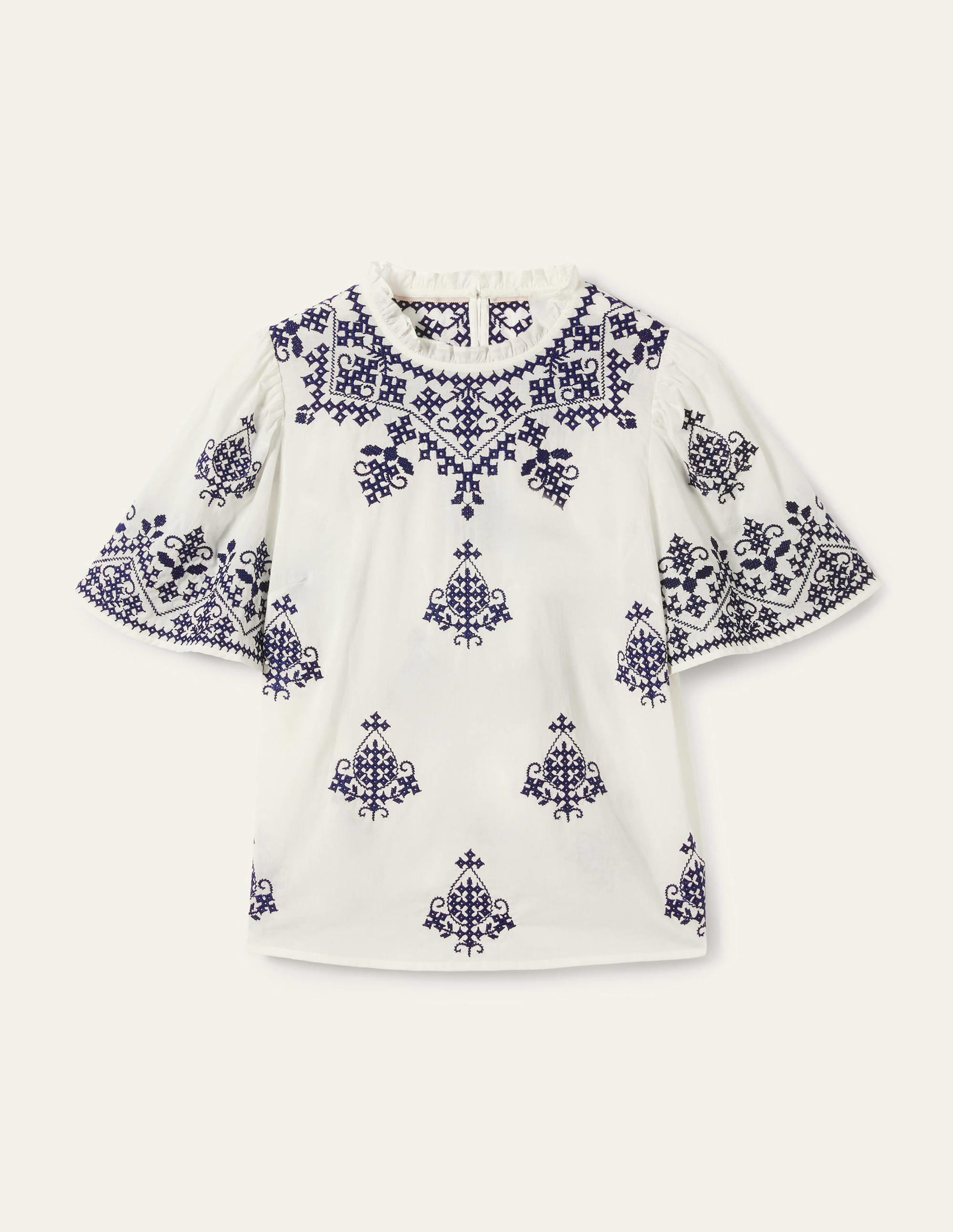 Flutter Sleeve Embroidered Top-Ivory, Navy Embroidery - Image 6