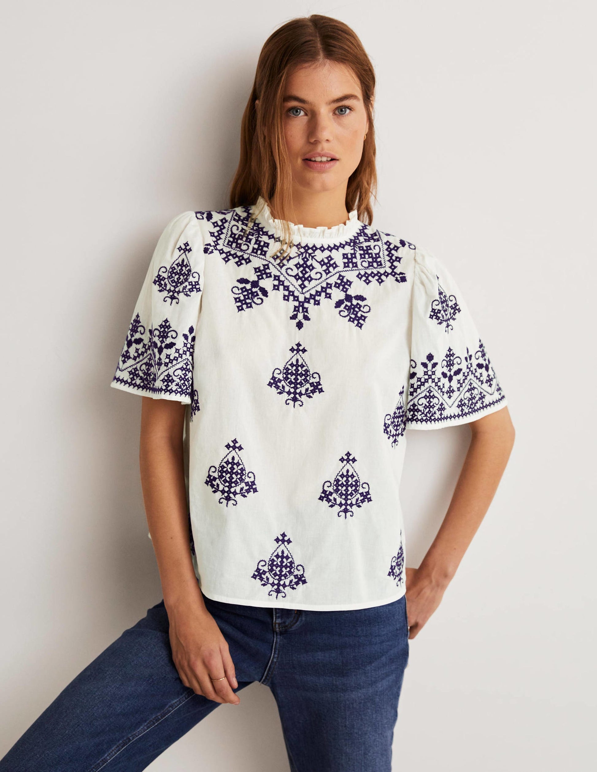 Flutter Sleeve Embroidered Top-Ivory, Navy Embroidery-4
