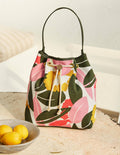 Canvas Drawstring Bucket Bag-Ivory, Abstract Bloom