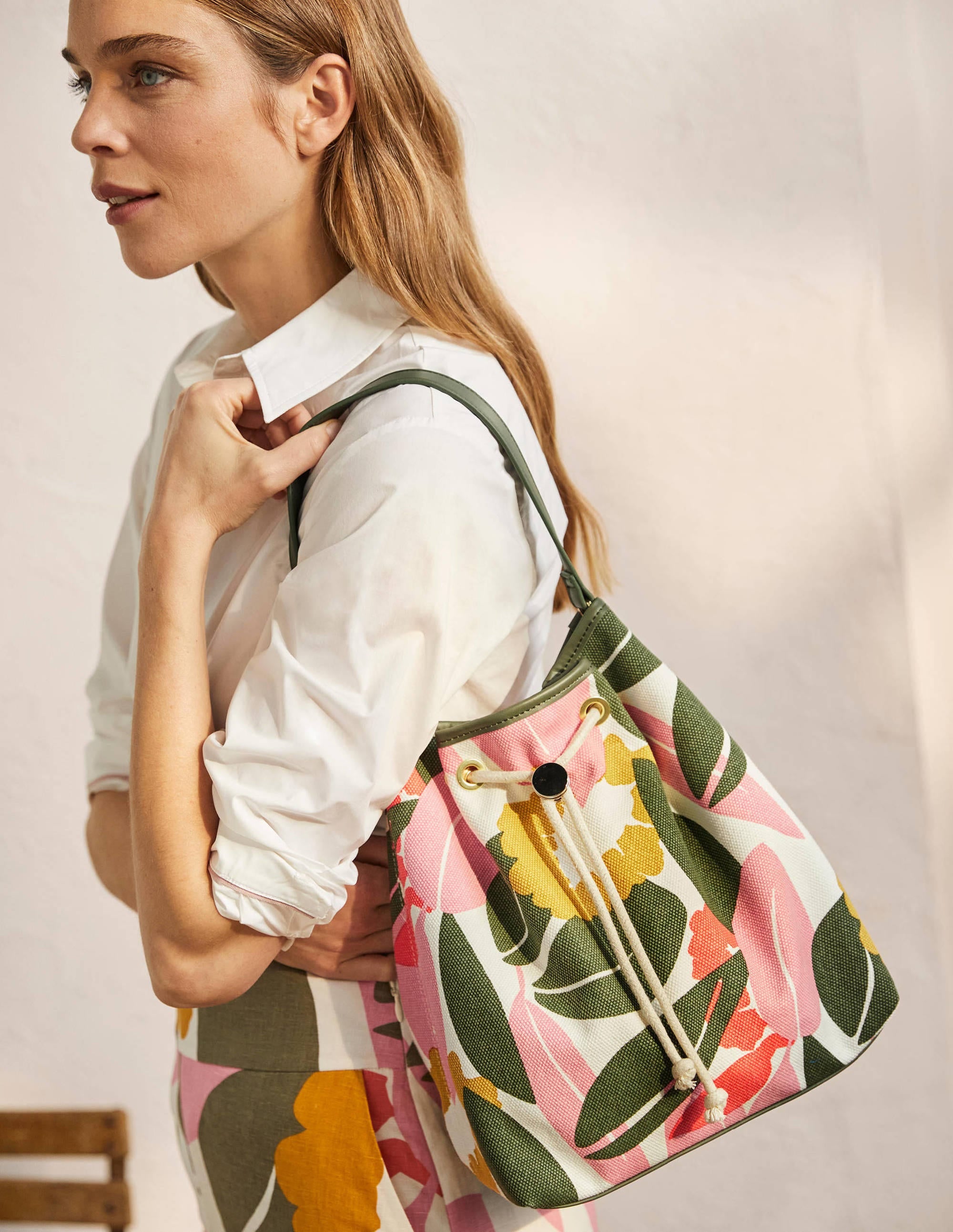 Canvas Drawstring Bucket Bag-Ivory, Abstract Bloom - Image 2