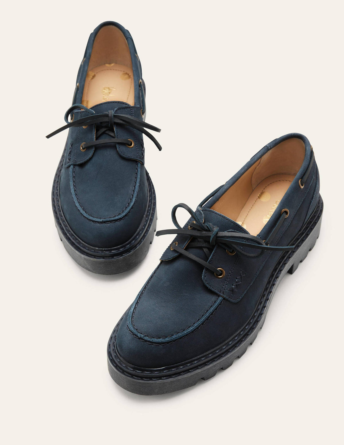 Chunky Sole Leather Deck Shoes-Navy-1
