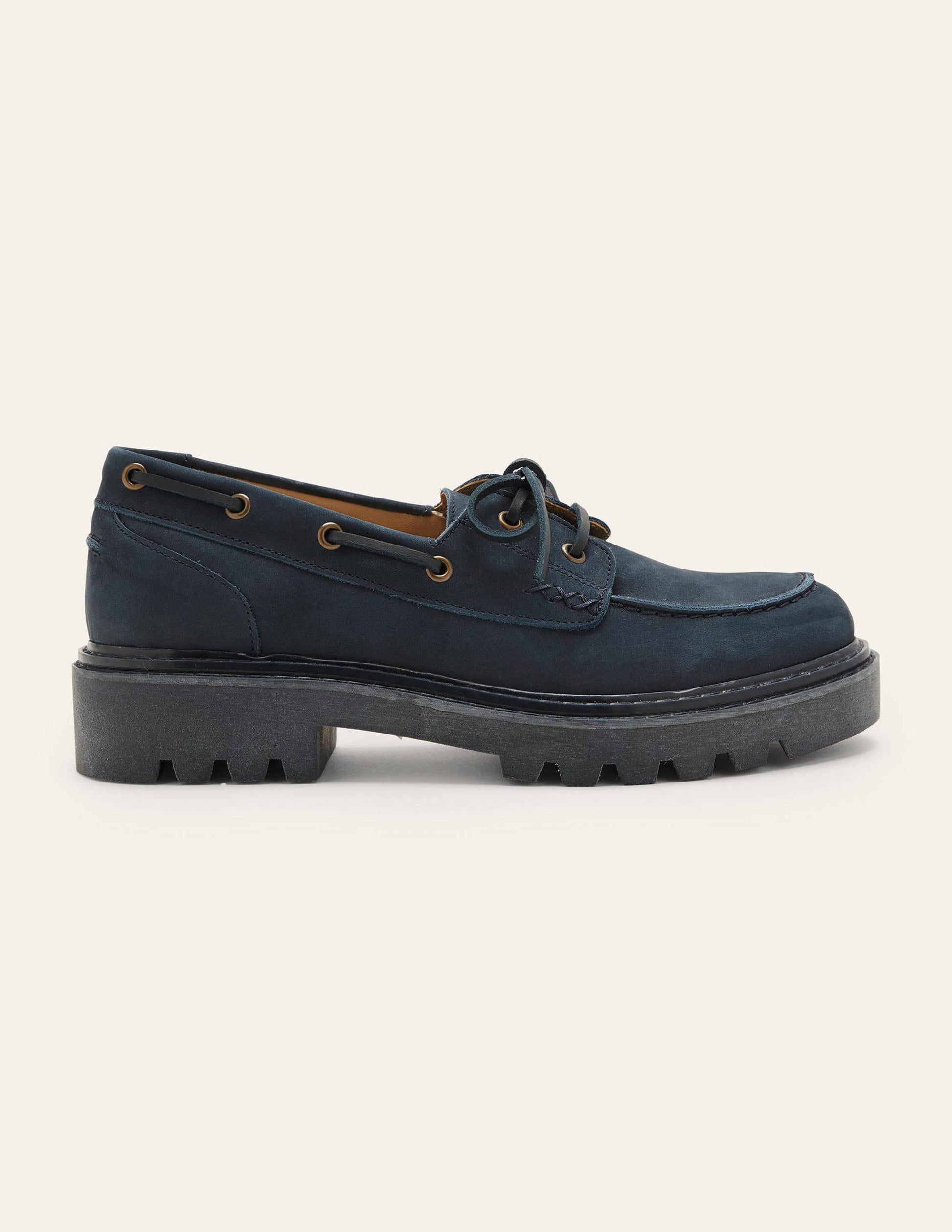 Chunky Sole Leather Deck Shoes-Navy-2