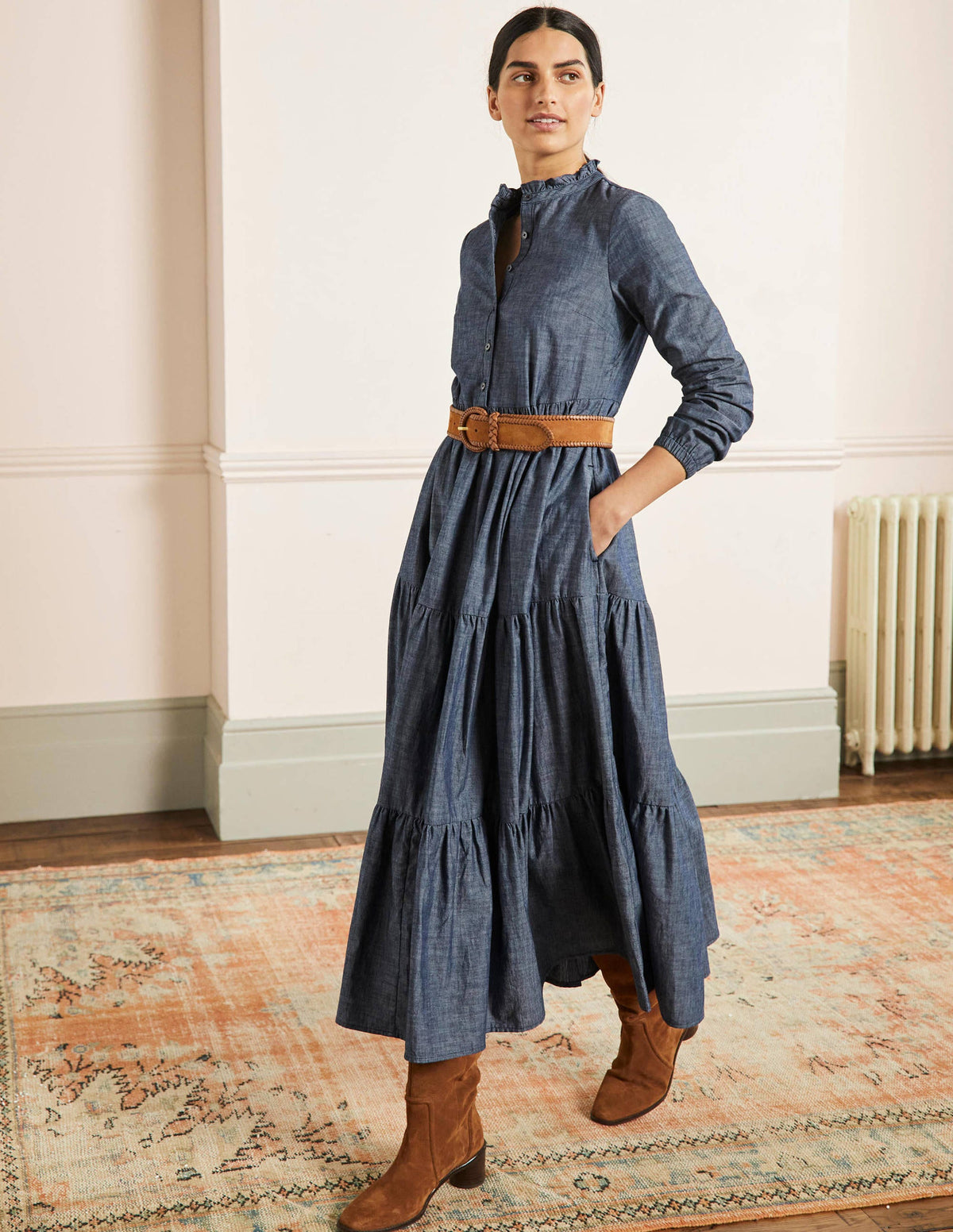 Robe-chemise longue à volants-Denim-1