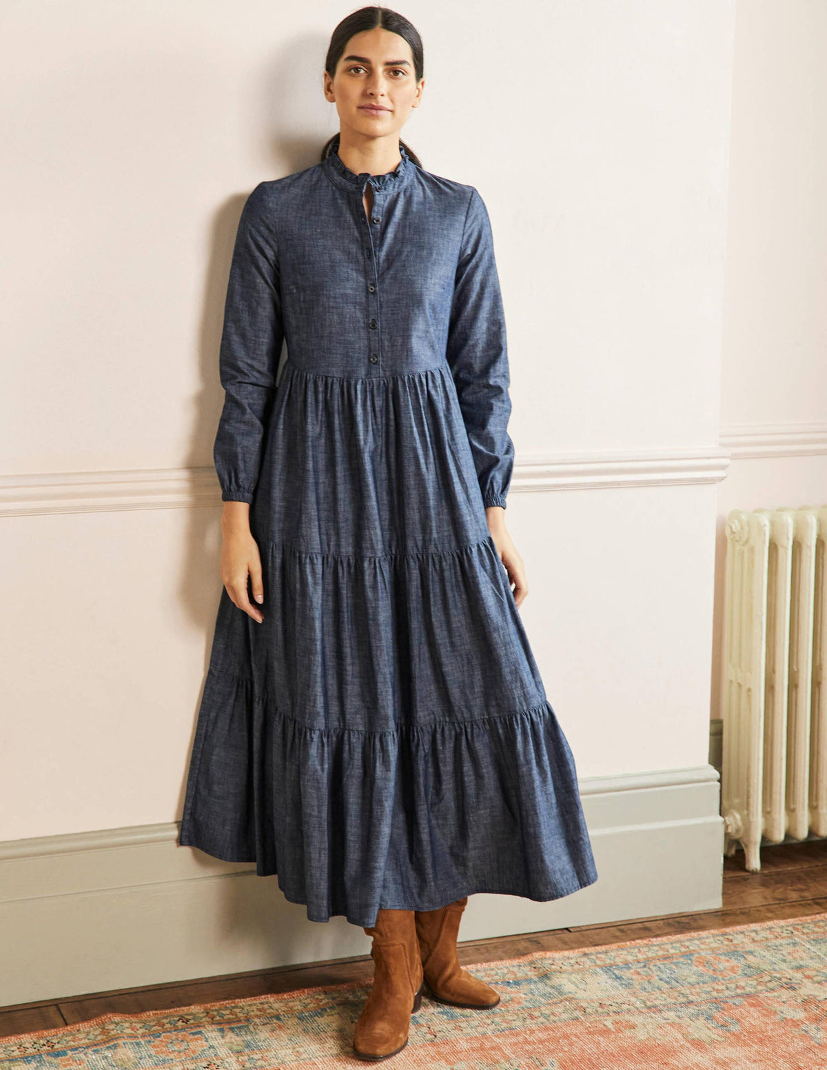 Robe-chemise longue à volants-Denim - Image 4