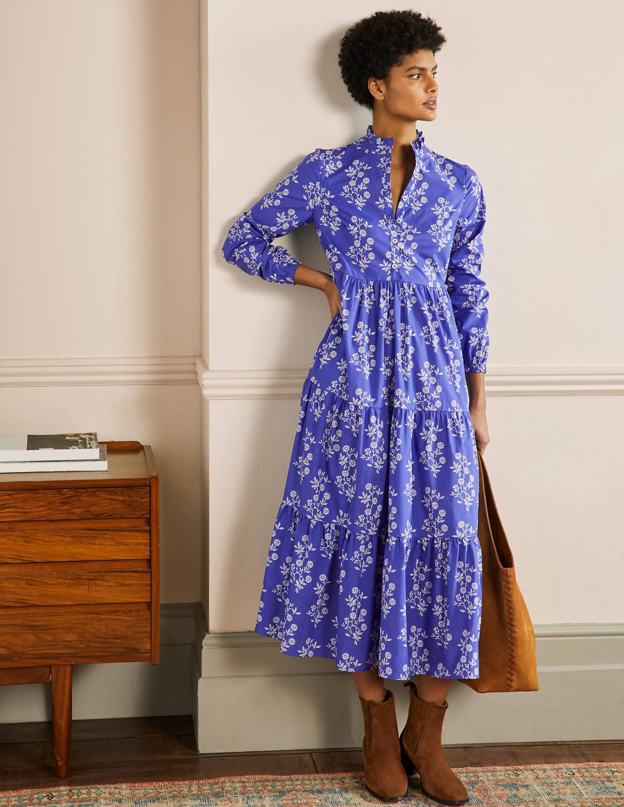 Maxi-Hemdblusenkleid mit Stufen-Meeresblau, Gruppierte Blätter - Image 4