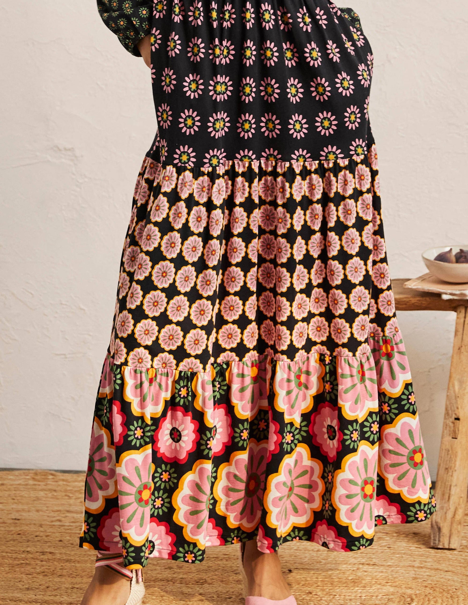 Maxi-Kleid mit gekerbtem Ausschnitt-Mustermix, Bunt-2