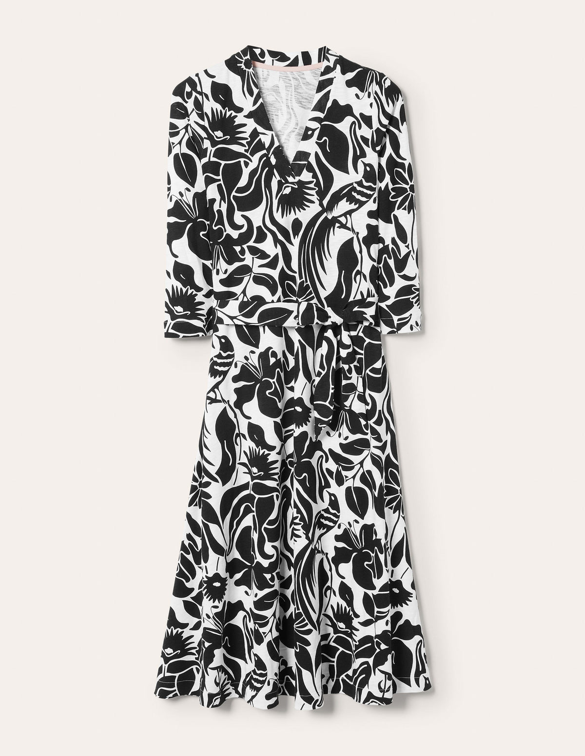 Robe midi façon caftan en jersey-Oiseau oriental noir-6