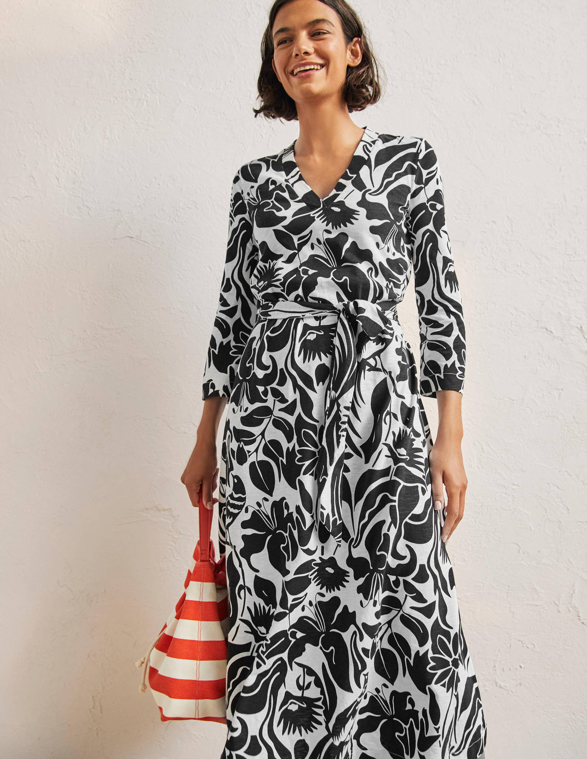 Robe midi façon caftan en jersey-Oiseau oriental noir - Image 1