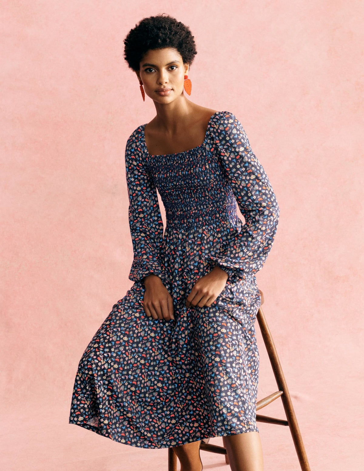 Smocked Jersey Midi Dress-Navy, Woodland Bud-6