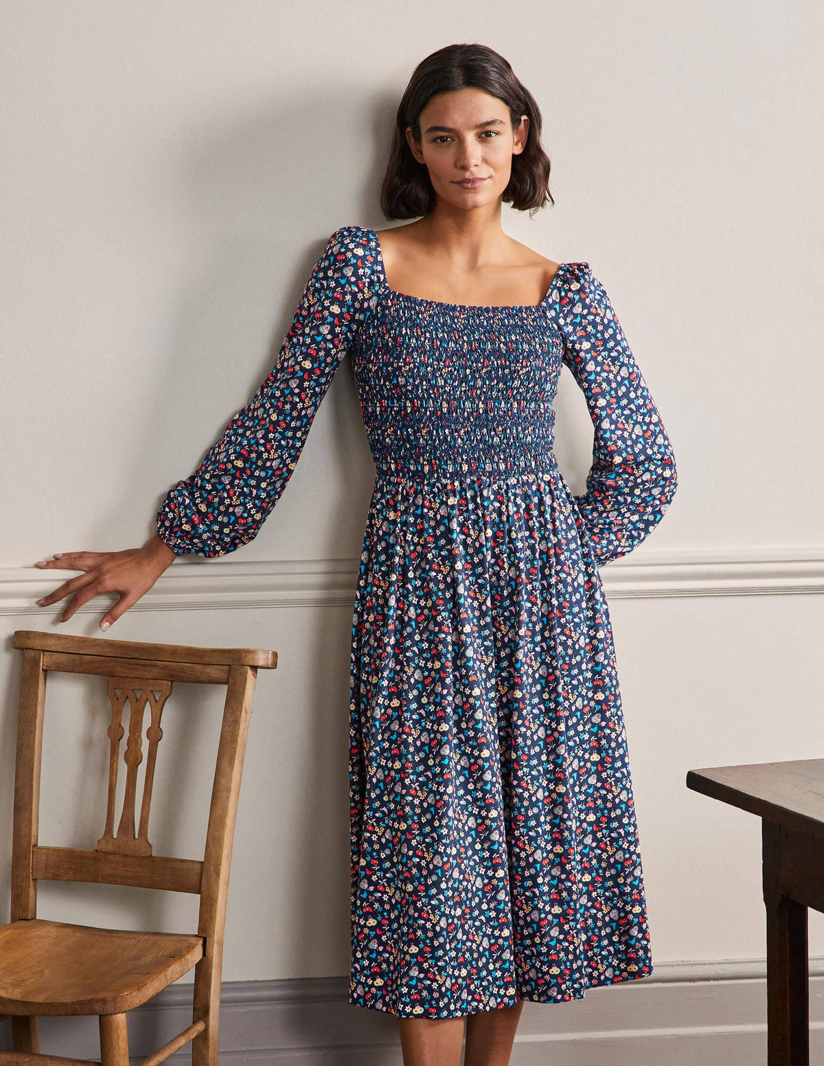 Smocked Jersey Midi Dress-Navy, Woodland Bud-1
