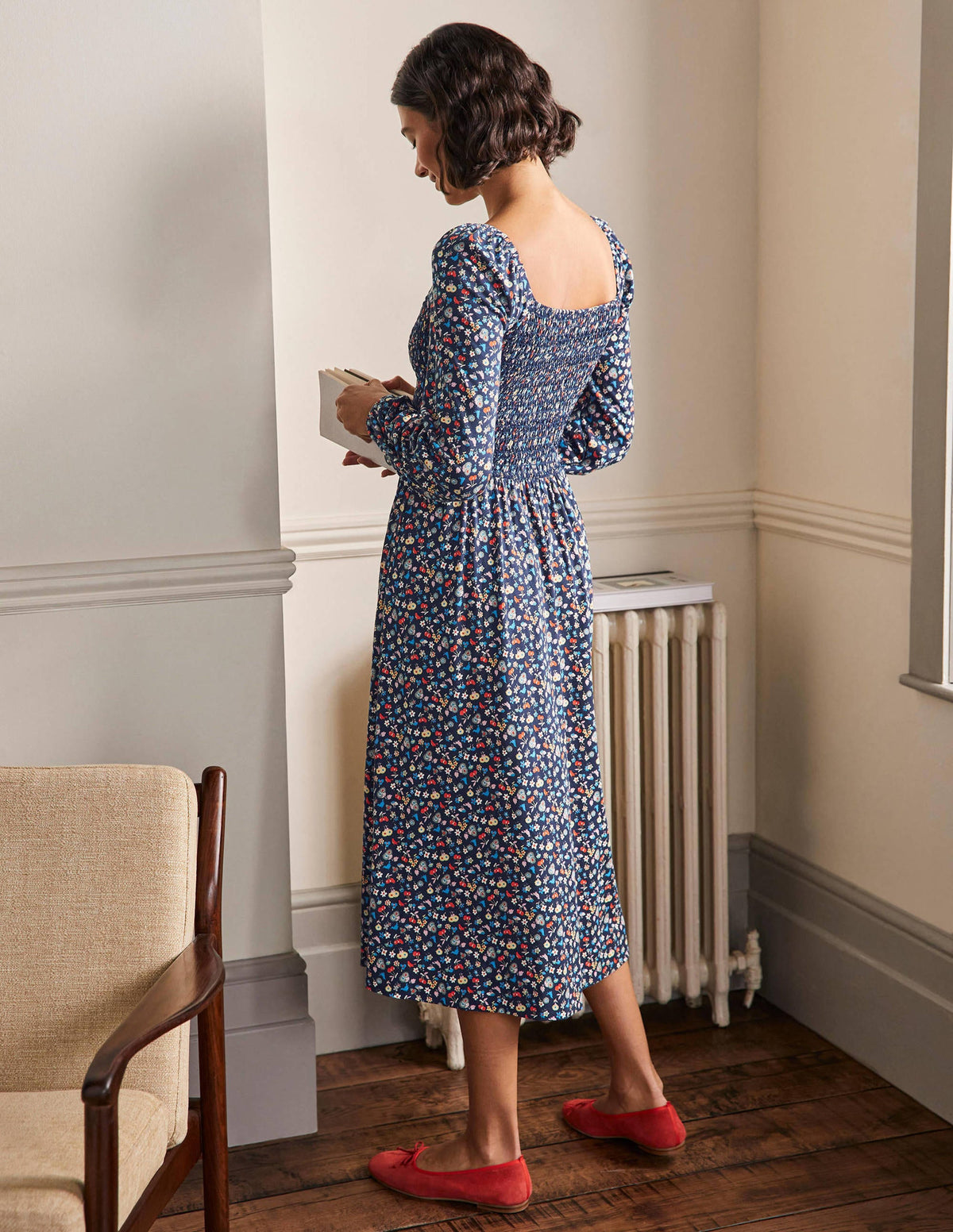 Smocked Jersey Midi Dress-Navy, Woodland Bud - Image 3