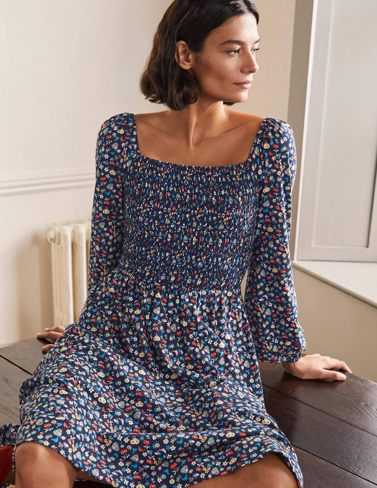 Smocked Jersey Midi Dress-Navy, Woodland Bud-4
