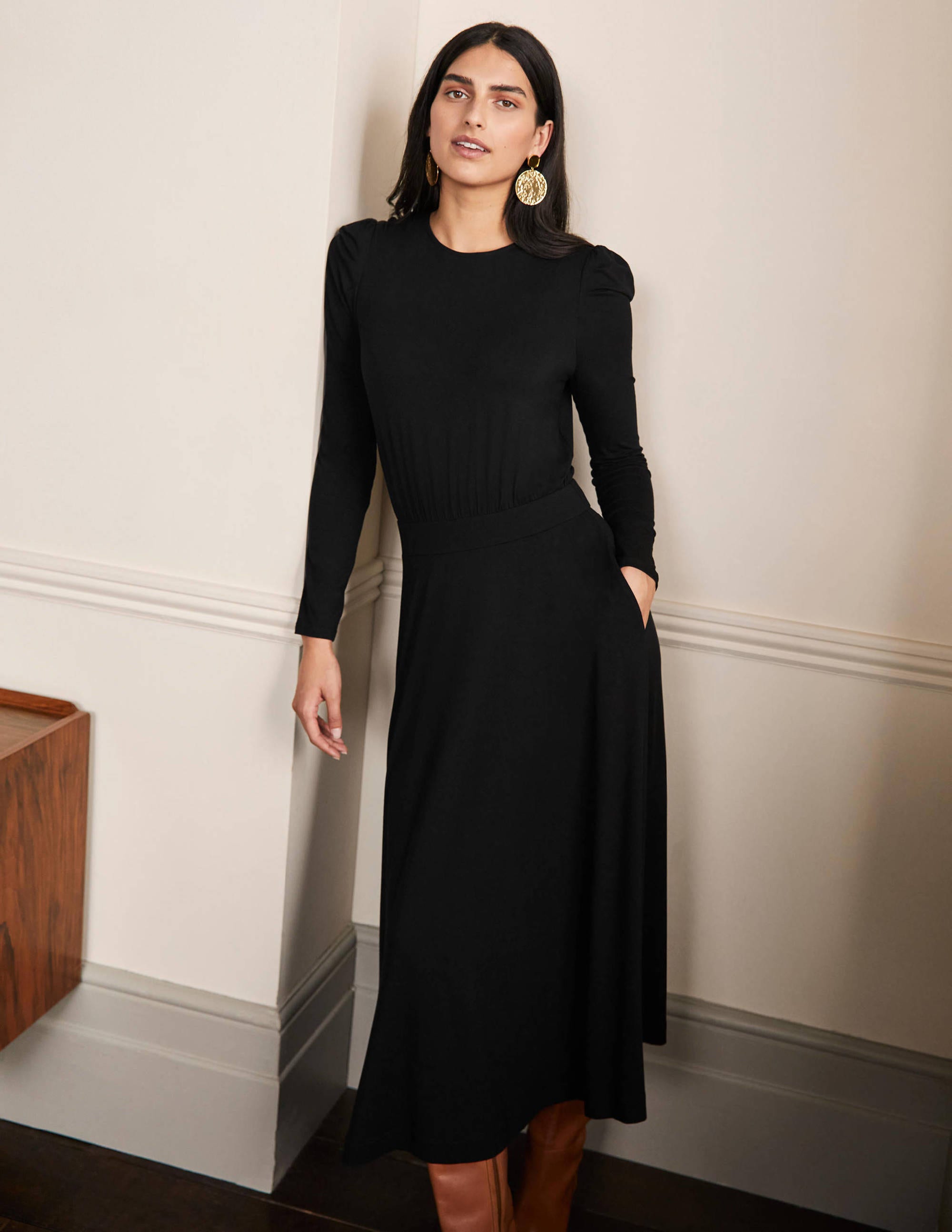 Puff Sleeve Jersey Midi Dress-Black - Image 5